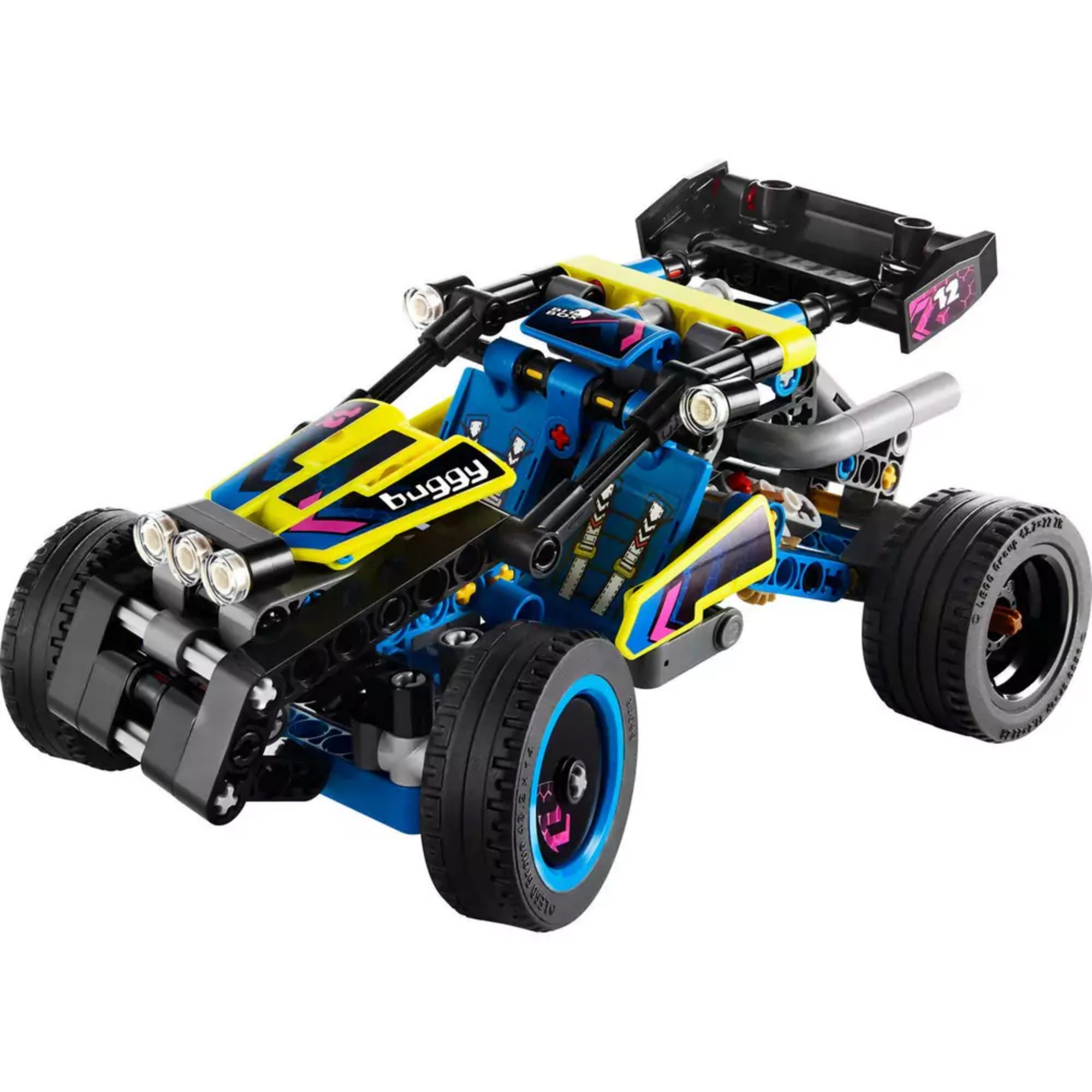 LEGO Technic Verseny homokfutó 42164 összerakott modellje három fényszóróval, sportos légterelővel, rugós felfüggesztéssel és részletes matricákkal