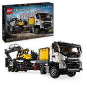 LEGO Technic Volvo FMX teherautó és EC230 elektromos markoló doboza és a készlet összeépített változata, amely részletesen bemutatja a teherautót és a szállított markolót.