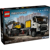 LEGO Technic 42175 Volvo FMX teherautó és EC230 elektromos markoló dobozának előnézete városi építkezési háttérrel.