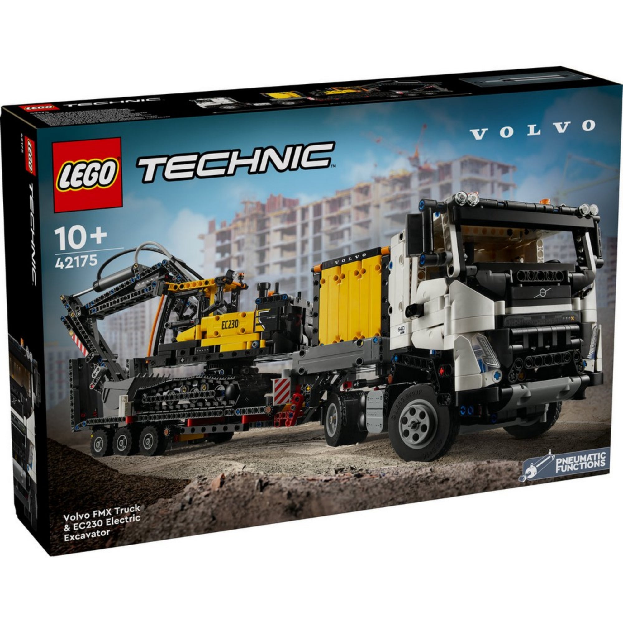 LEGO Technic 42175 Volvo FMX teherautó és EC230 elektromos markoló dobozának előnézete városi építkezési háttérrel.