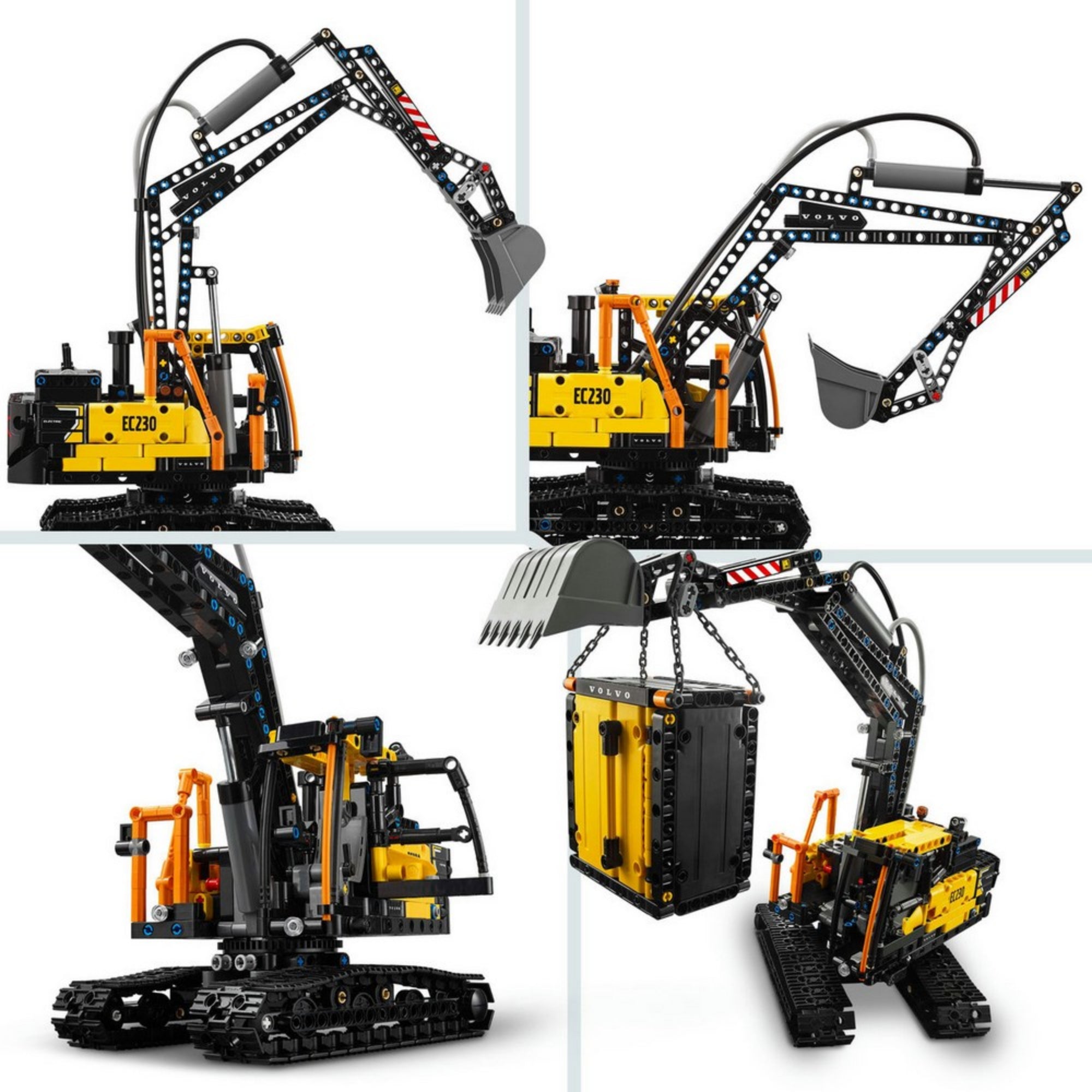 LEGO Technic EC230 elektromos markoló részletes képei több nézetből, amelyek kiemelik a gém és kanál mozgatható részeit.
