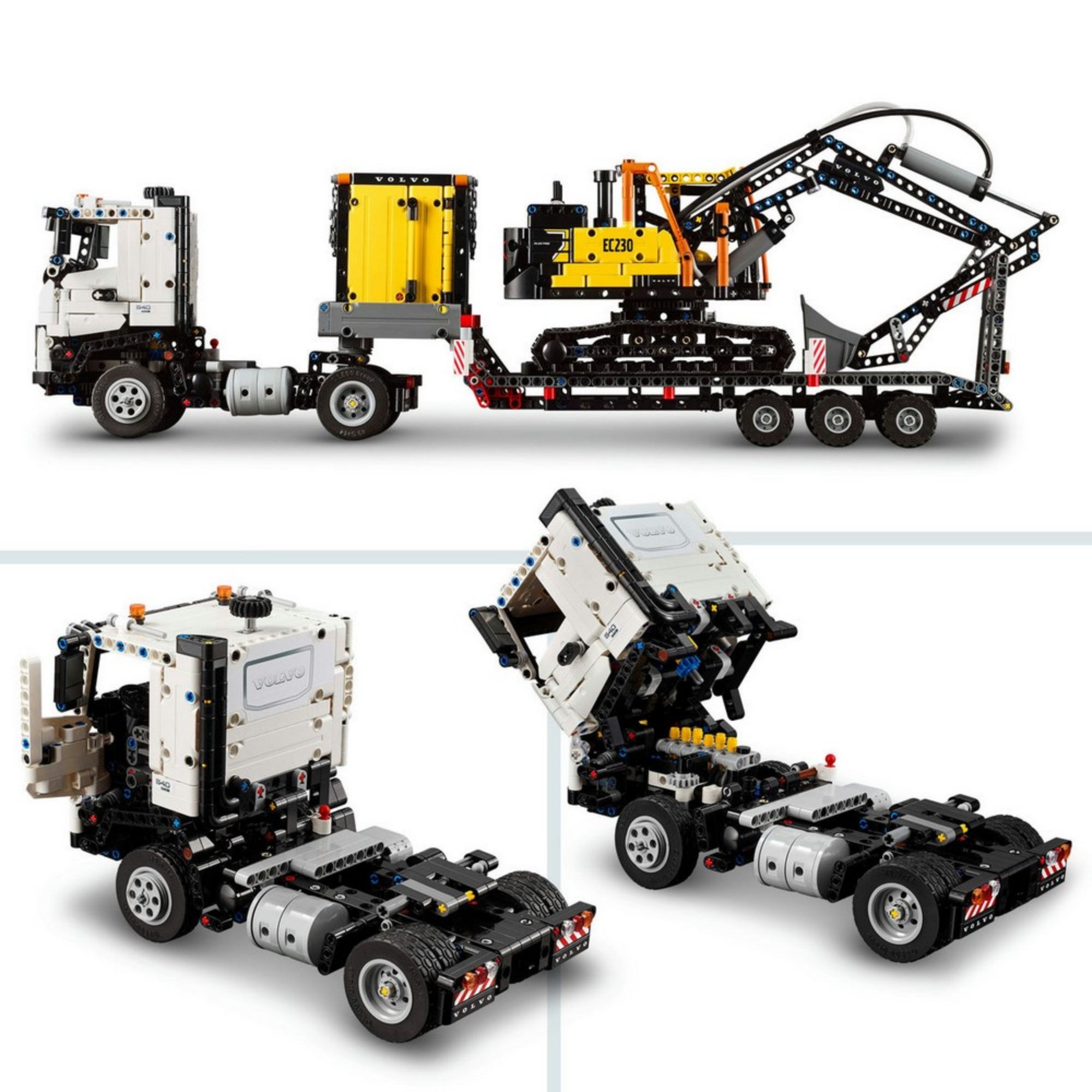 LEGO Technic Volvo FMX teherautó különféle nézetekből: a szállított konténerrel, a vezetőfülke felnyitva és a részletes motorral.