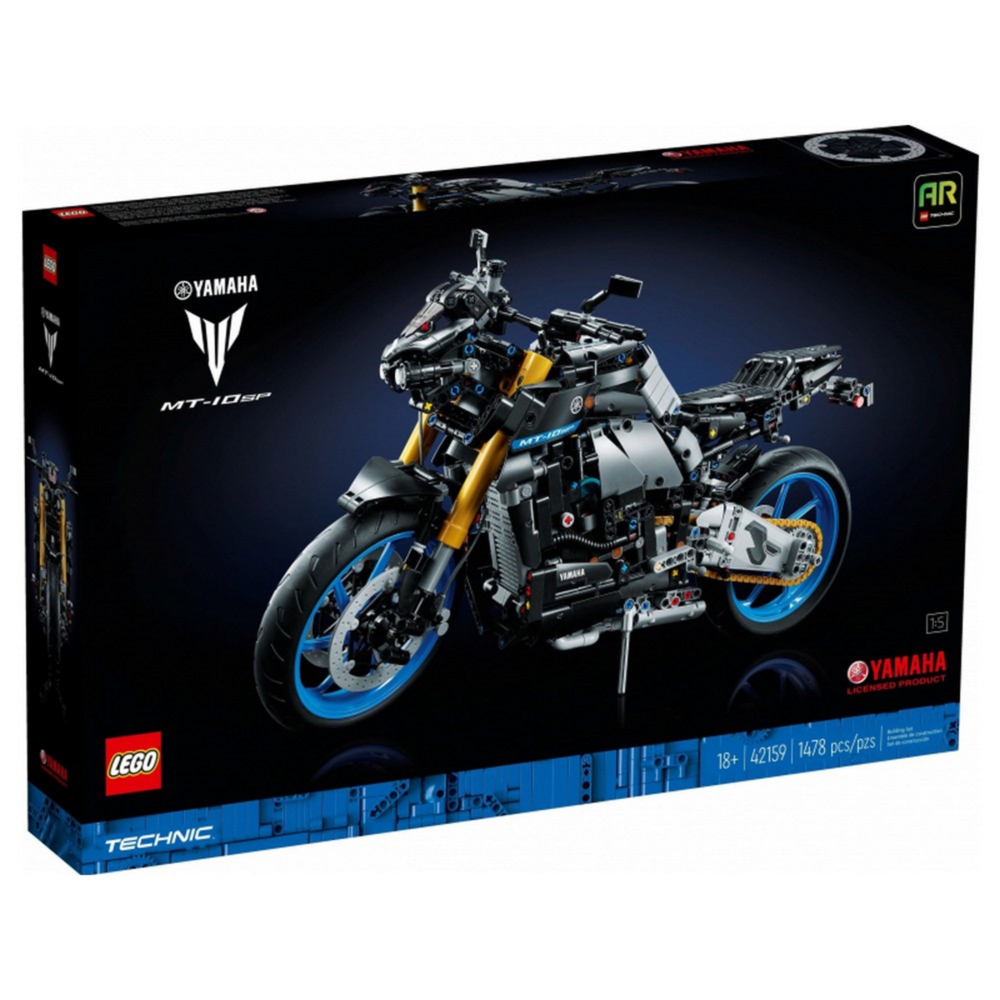 LEGO Technic Yamaha MT-10 SP 42159 doboza, sötét háttérrel, a motor részletes grafikájával és a 1478 darabos készletre, valamint az AR élményre utaló információkkal.