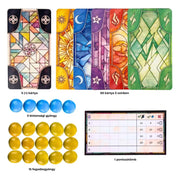 LUZ társasjáték tartozékai: 60 színes, ólomüveg mintás kártya 5 színben, 5 speciális (+) kártya, 5 kék biztonsági gyöngy, 15 sárga fogadásgyöngy és egy pontozótömb.