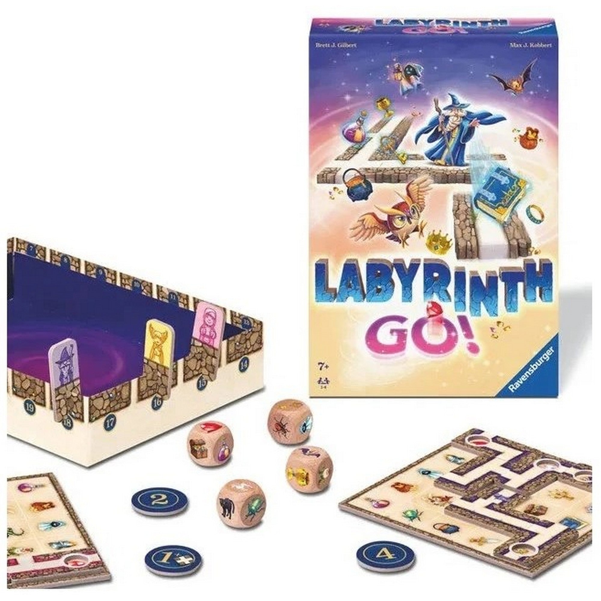 Labyrinth Go! – A társasjáték tartalma: labirintus táblák, dobókockák, pontjelölők és a Labyrinth Go! doboza fehér háttéren.