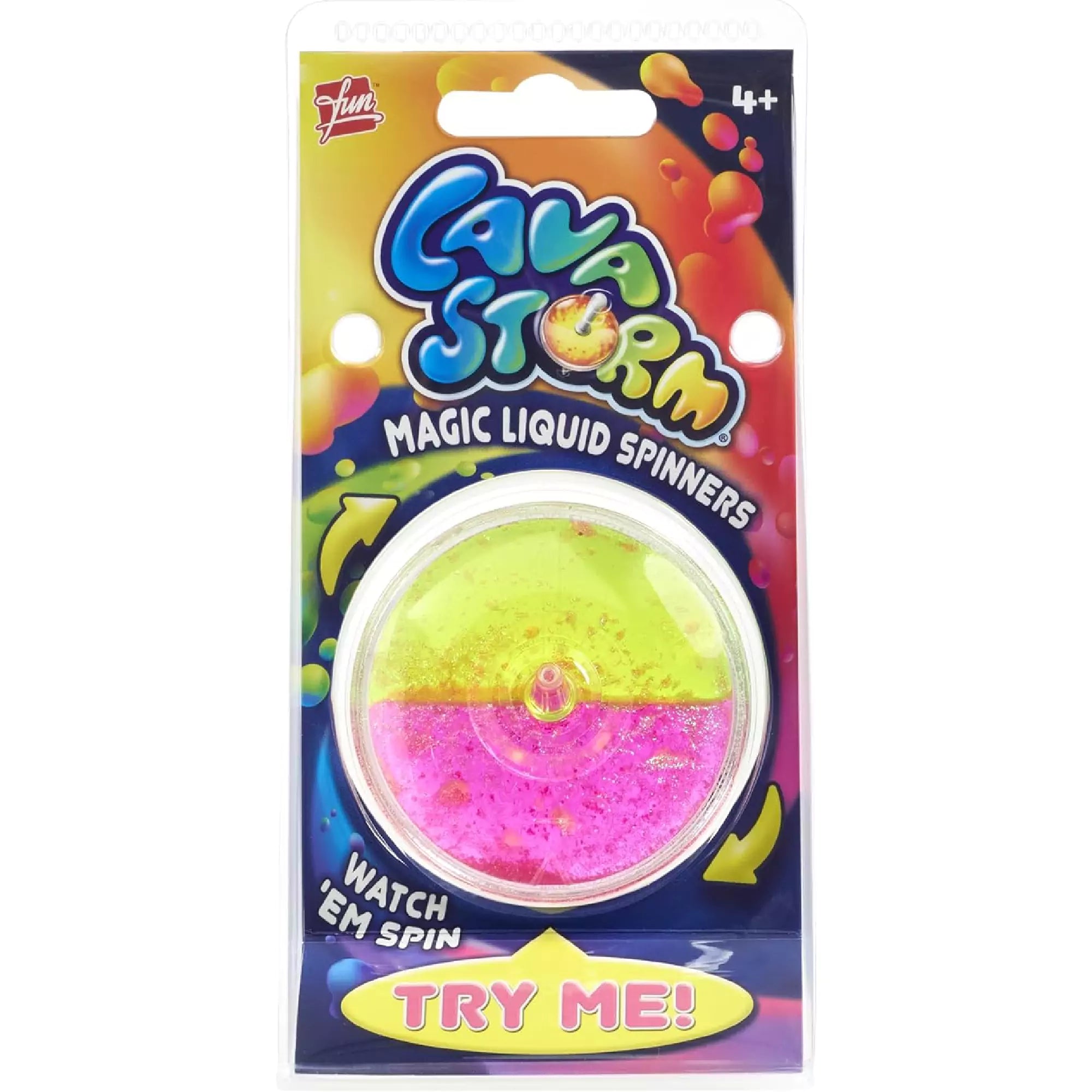 LavaStorm pörgettyű csomagolásban, „Magic Liquid Spinners” felirattal és sárga-rózsaszín színkombinációval. 