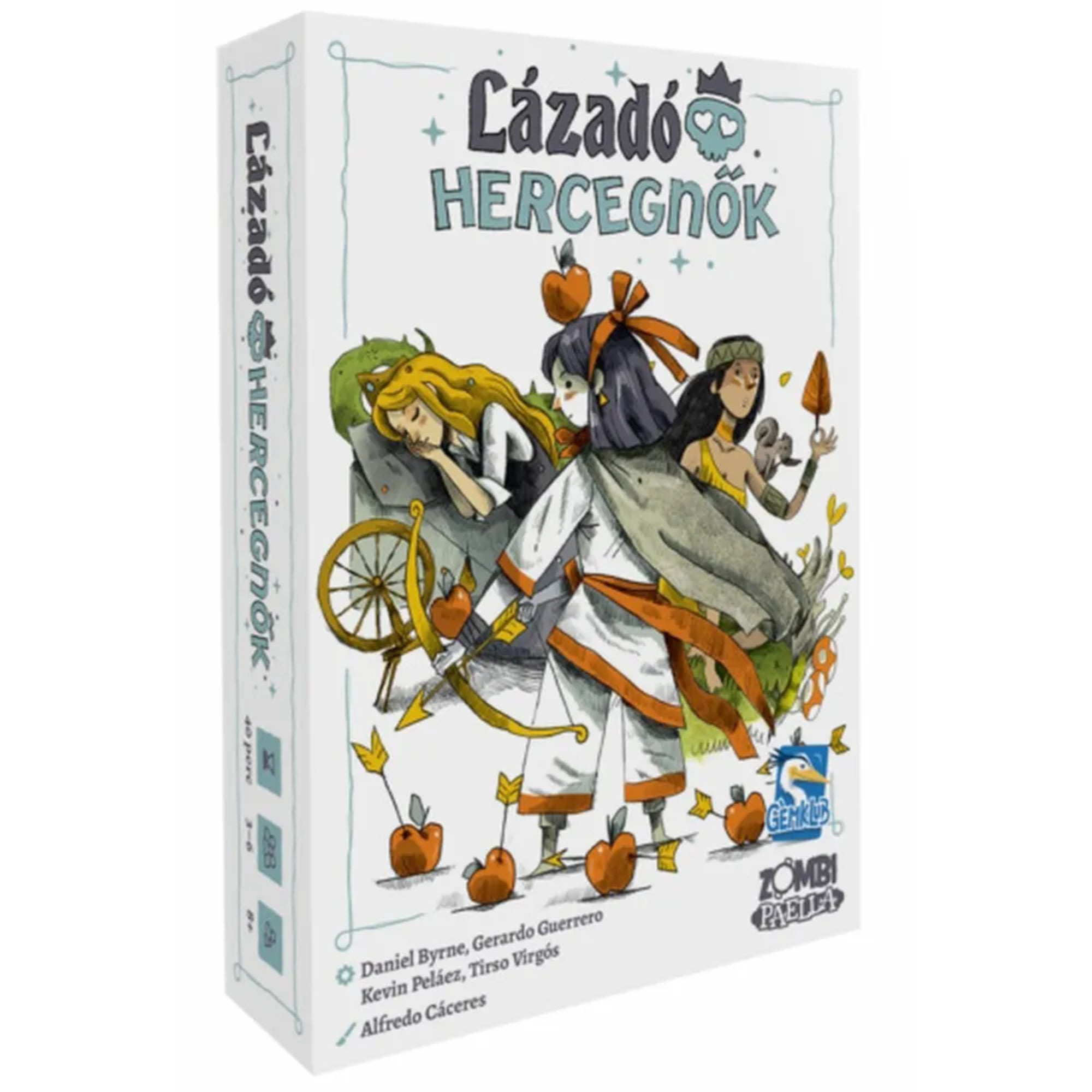A Lázadó hercegnők társasjáték doboza, melyen három karakteres, modern hercegnő látható: egyikük harcos pózban, másik alvó helyzetben, a háttérben meseelemekkel.