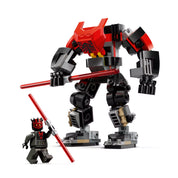  A Darth Maul mecha figura és a hozzá tartozó Darth Maul minifigura egymás mellett állnak, mindkettő vörös dupla fénykardot tart.