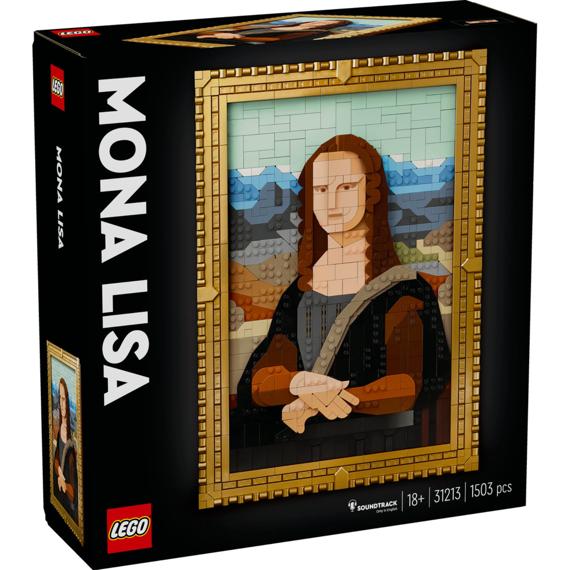 A képen a LEGO Art Mona Lisa (31213) építőkészlet doboza látható. A szett Leonardo da Vinci híres festményének LEGO változatát tartalmazza, amely aranykerettel együtt falra akasztható műalkotássá alakítható. A készlet 1503 elemből áll, és egyedi építési élményt kínál a művészet és LEGO rajongóinak.