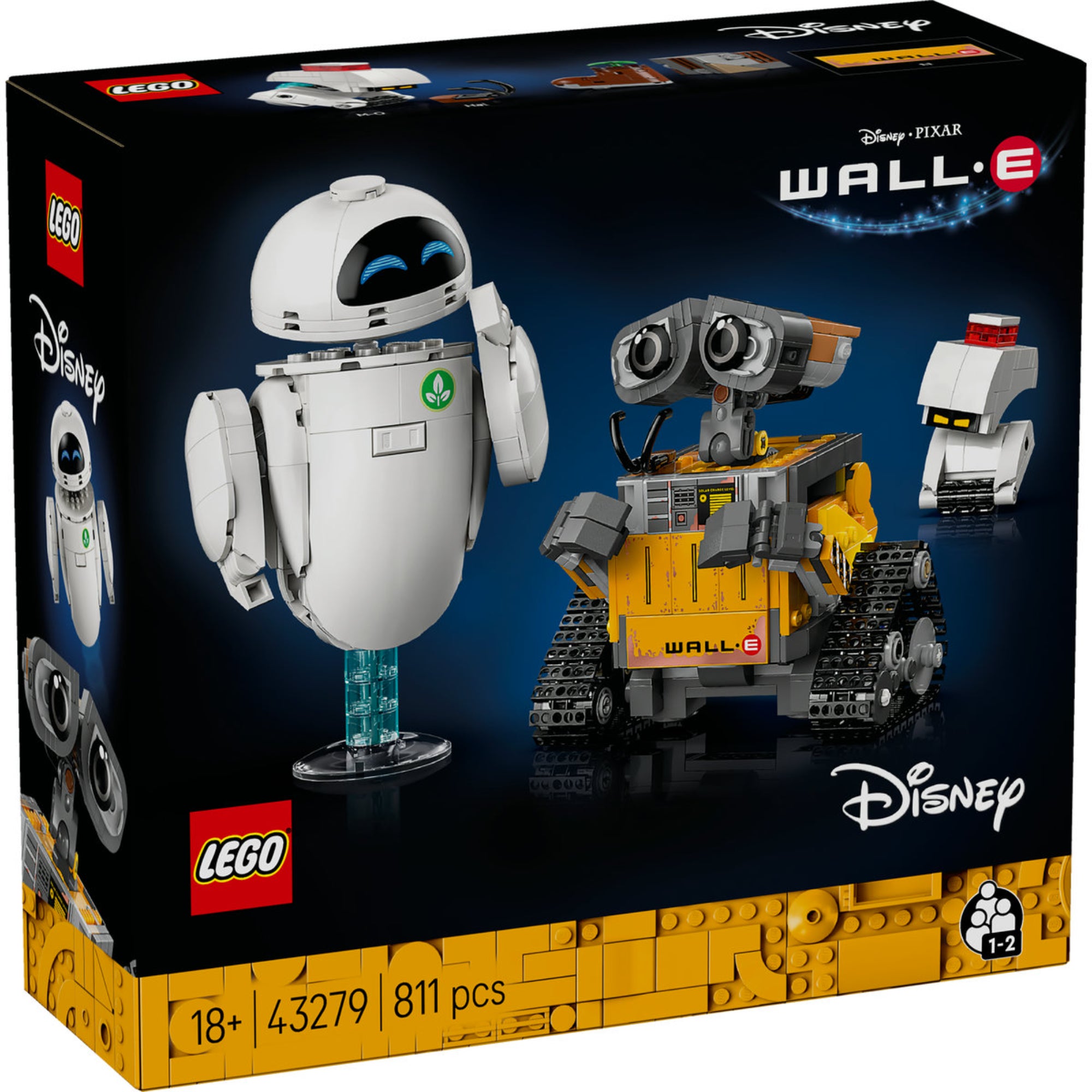 LEGO Disney Pixar 43279 dobozkép, amely a klasszikus karaktereket mutatja: a sárga kockás testű WALL·E-t, az elegáns fehér EVA-t és a kis M-O robotot.