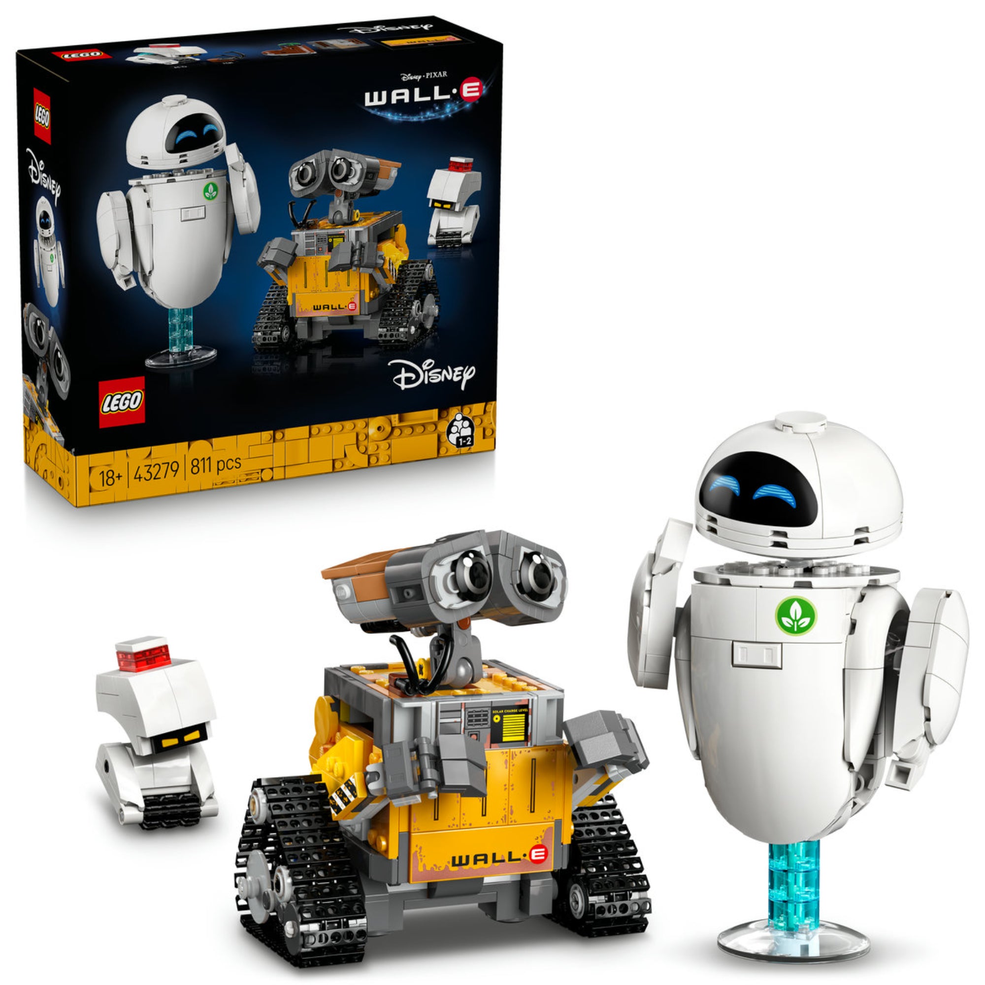 LEGO Disney Pixar 43279 WALL·E és EVA készlet doboza, valamint a megépített robotfigurák: WALL·E, EVA és M-O részletes modelljei.