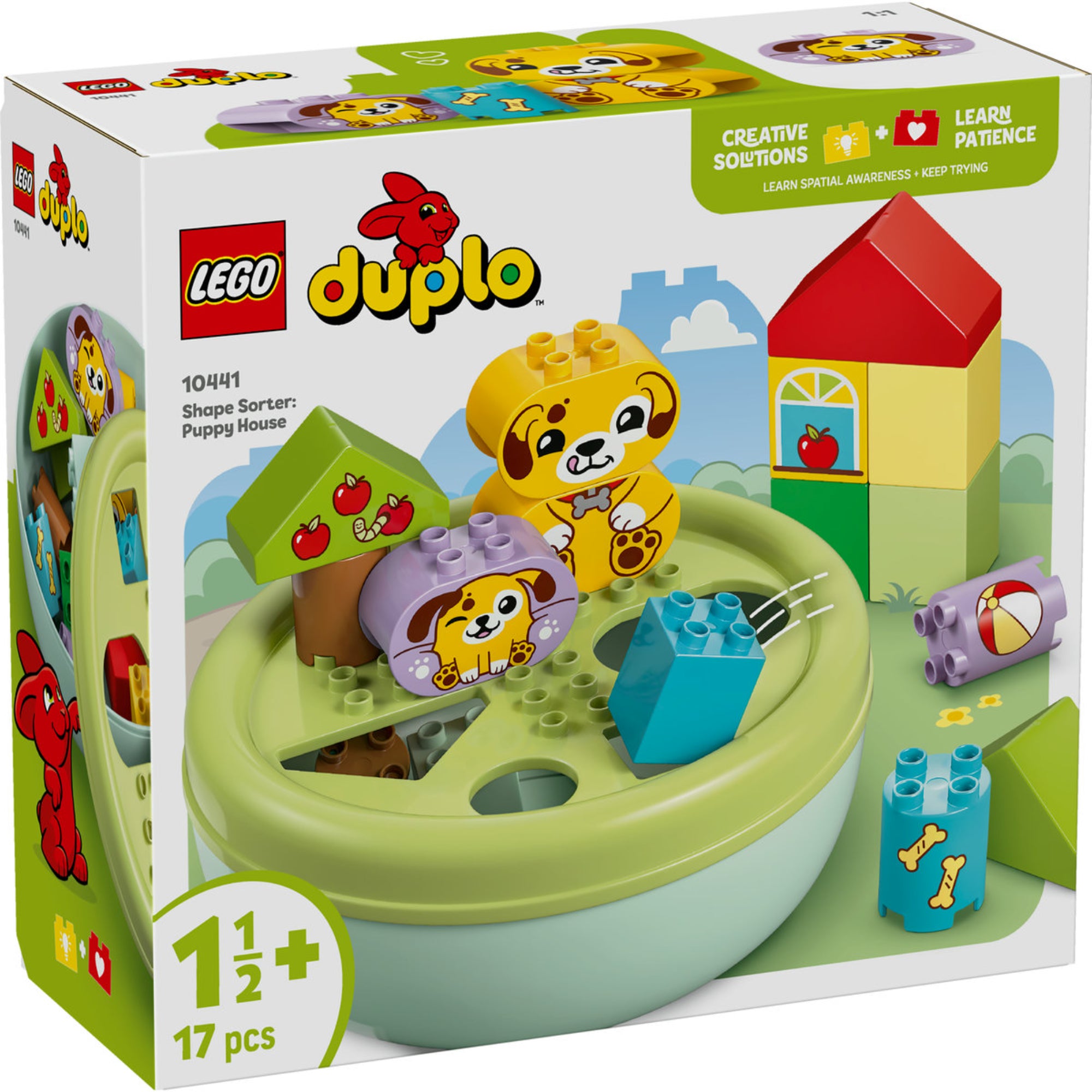  LEGO DUPLO Formaválogató házikó (10441) doboza színes elemekkel, kutyusos motívumokkal és zöld tetővel ellátott válogatótálla