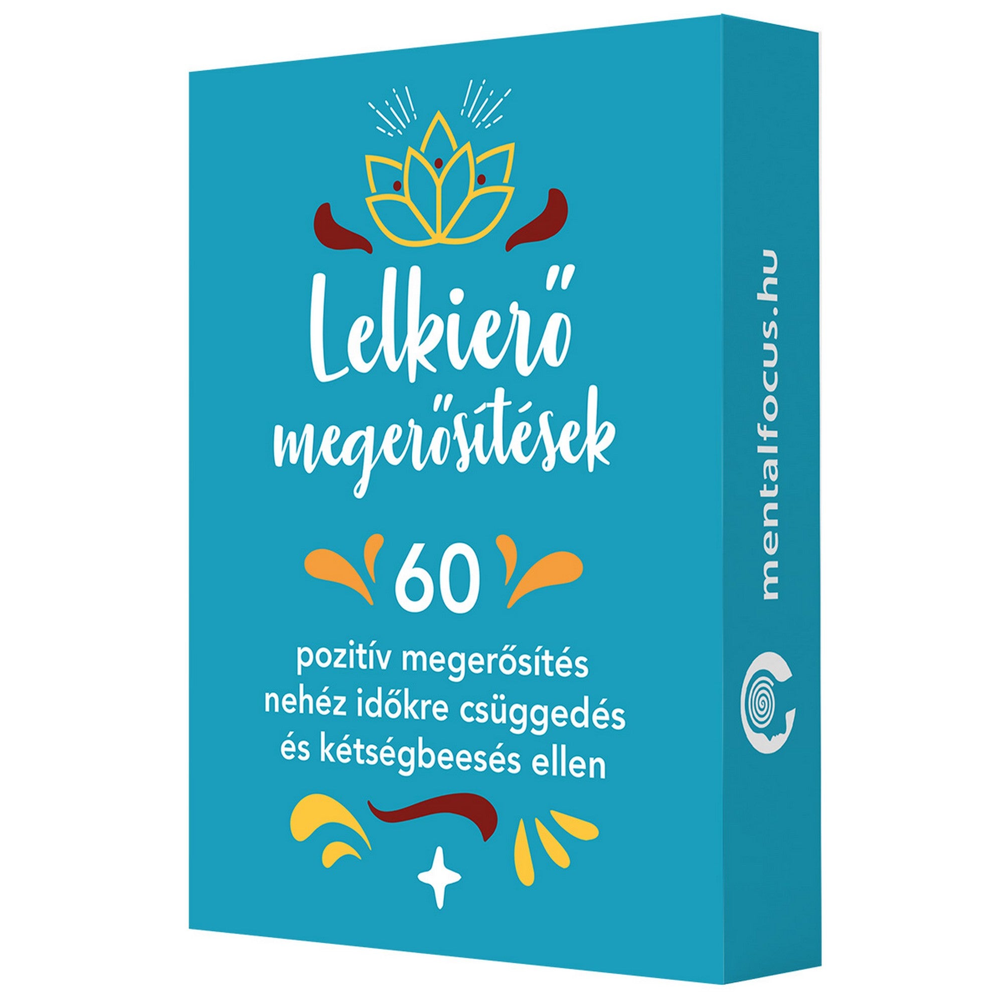 Lelki erő megerősítések doboza kék színben, 60 pozitív megerősítéssel nehéz időkre és belső erő növelésére.