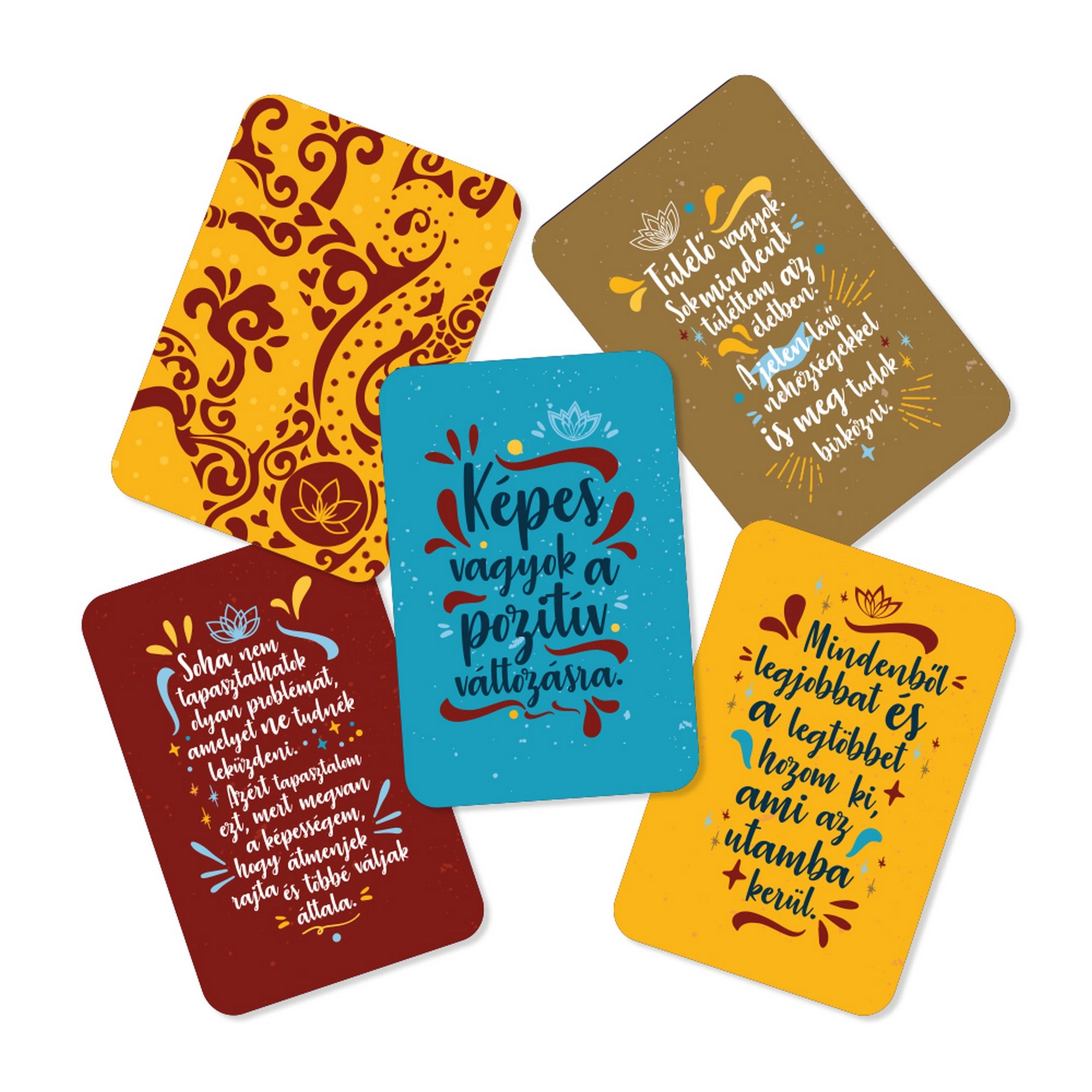 Lelki erő megerősítések kártyák színes, motiváló idézetekkel és díszes, élénk mintákkal.