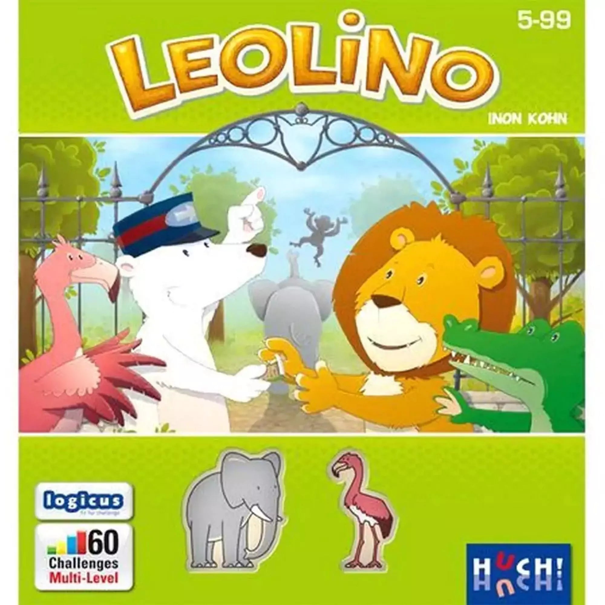 Leolino logikai játék doboza. A borítón vidám állatok láthatók, köztük egy oroszlán, jegesmedve és krokodil, akik egy állatkerti kapunál találkoznak.