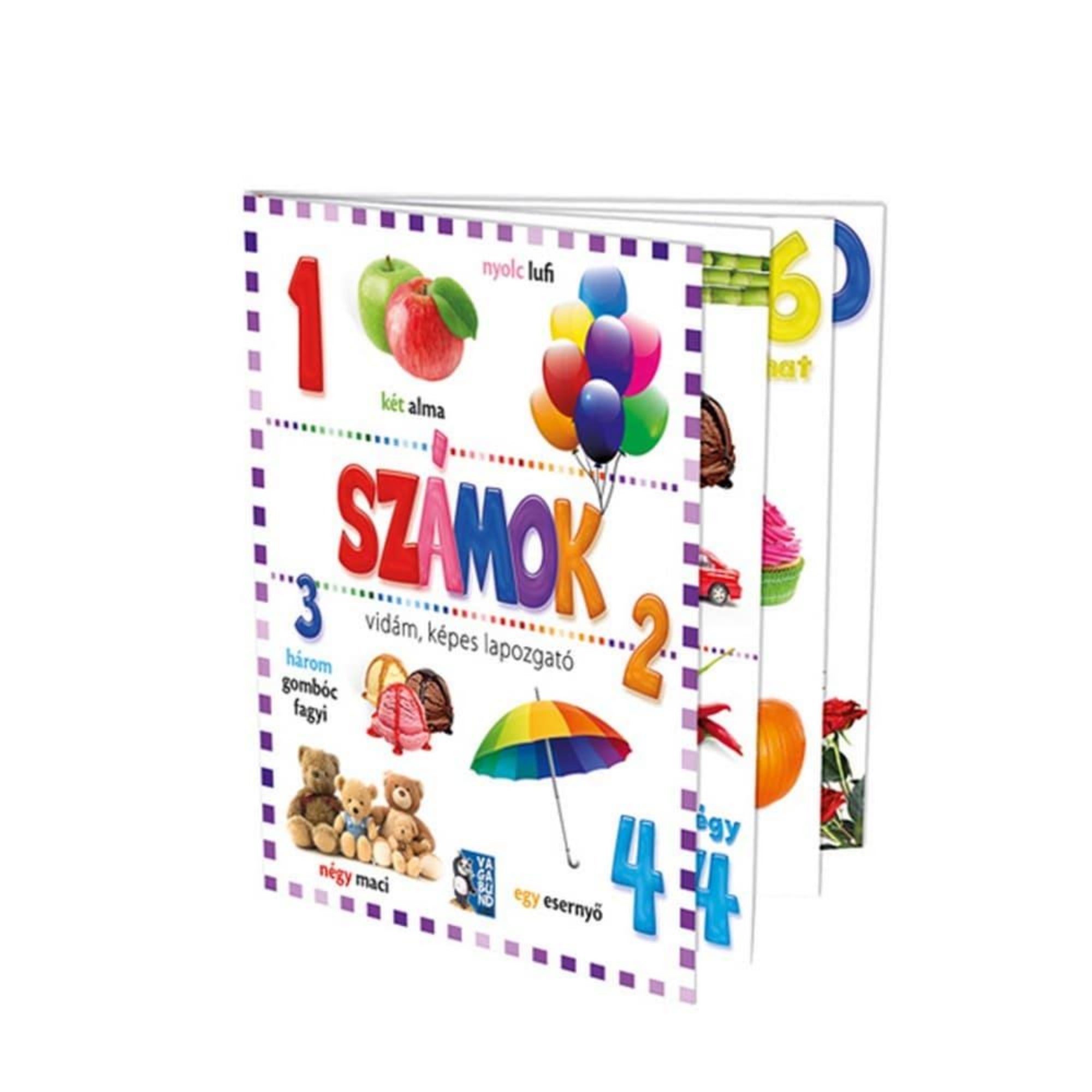 Számok – vidám, képes lapozgató gyerekkönyv borítója, amelyen különféle tárgyak és ételek láthatók számokhoz kapcsolva, például almák, fagyi, macik és színes esernyő.