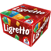 A Ligretto Red gyorsasági kártyajáték piros színű, dinamikus grafikájú doboza, rajta a színes kártyákkal és a Schmidt logóval.