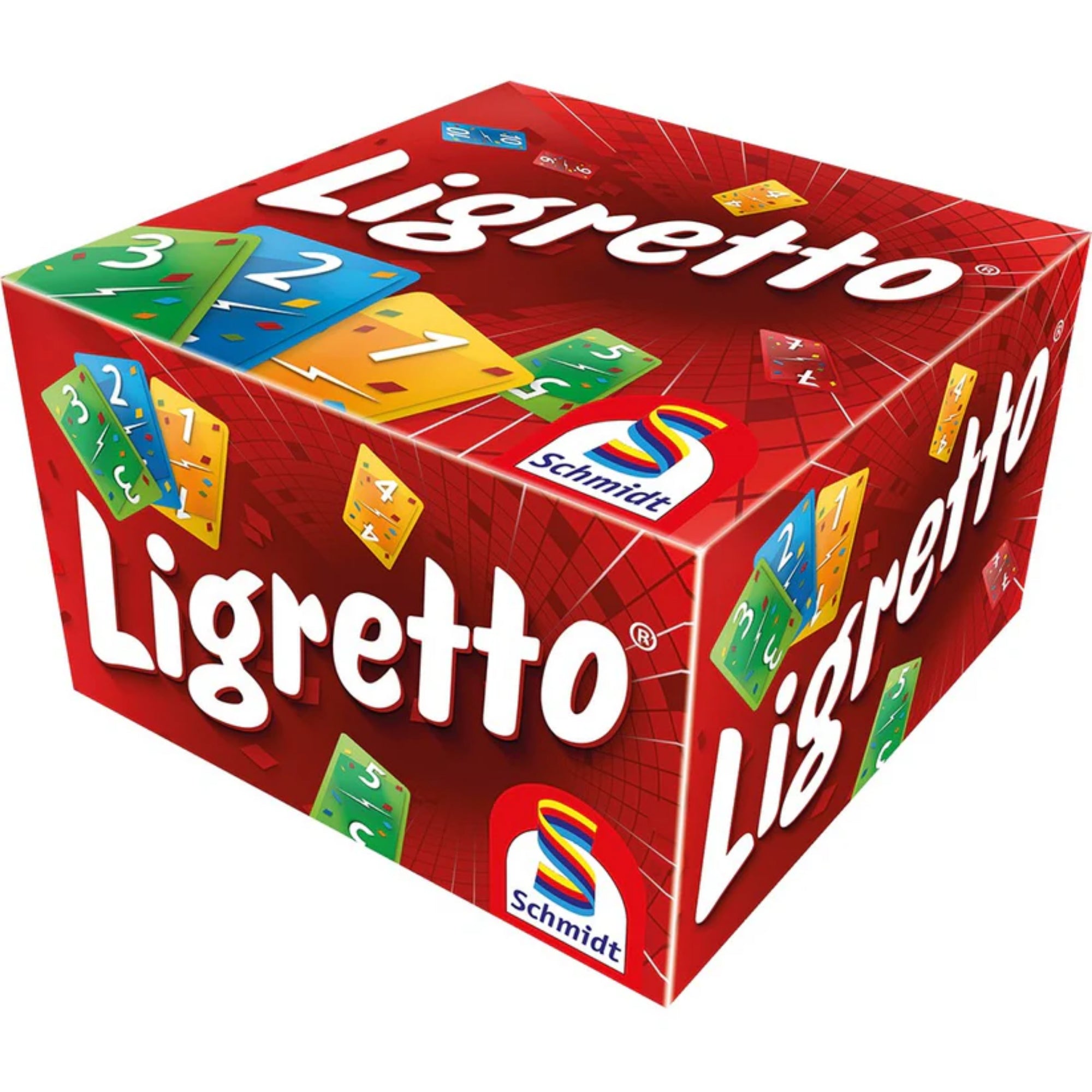 A Ligretto Red gyorsasági kártyajáték piros színű, dinamikus grafikájú doboza, rajta a színes kártyákkal és a Schmidt logóval.