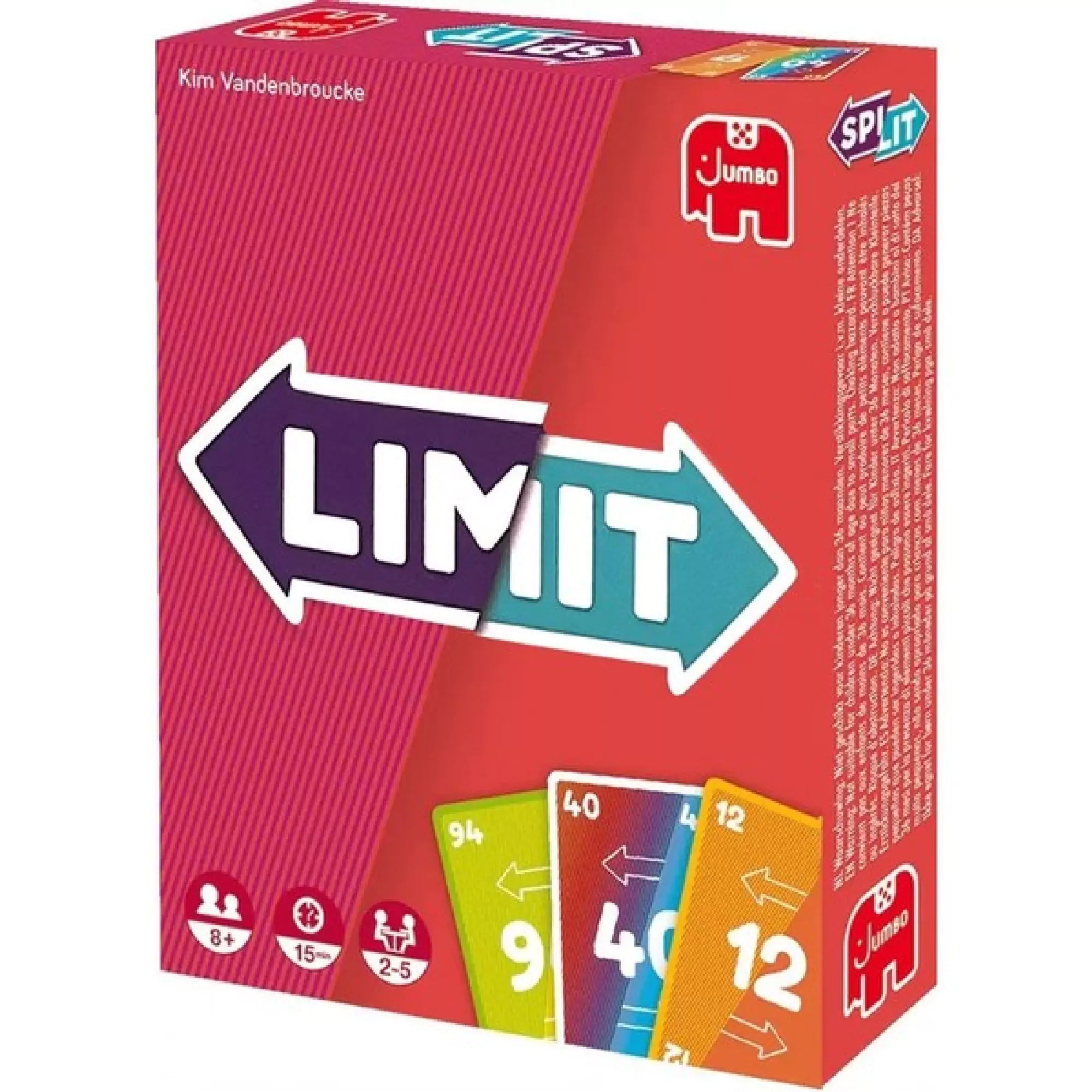 A piros dobozos LIMIT kártyajáték doboza, színes nyilakkal és számkártyákkal az elején, a Jumbo logóval.