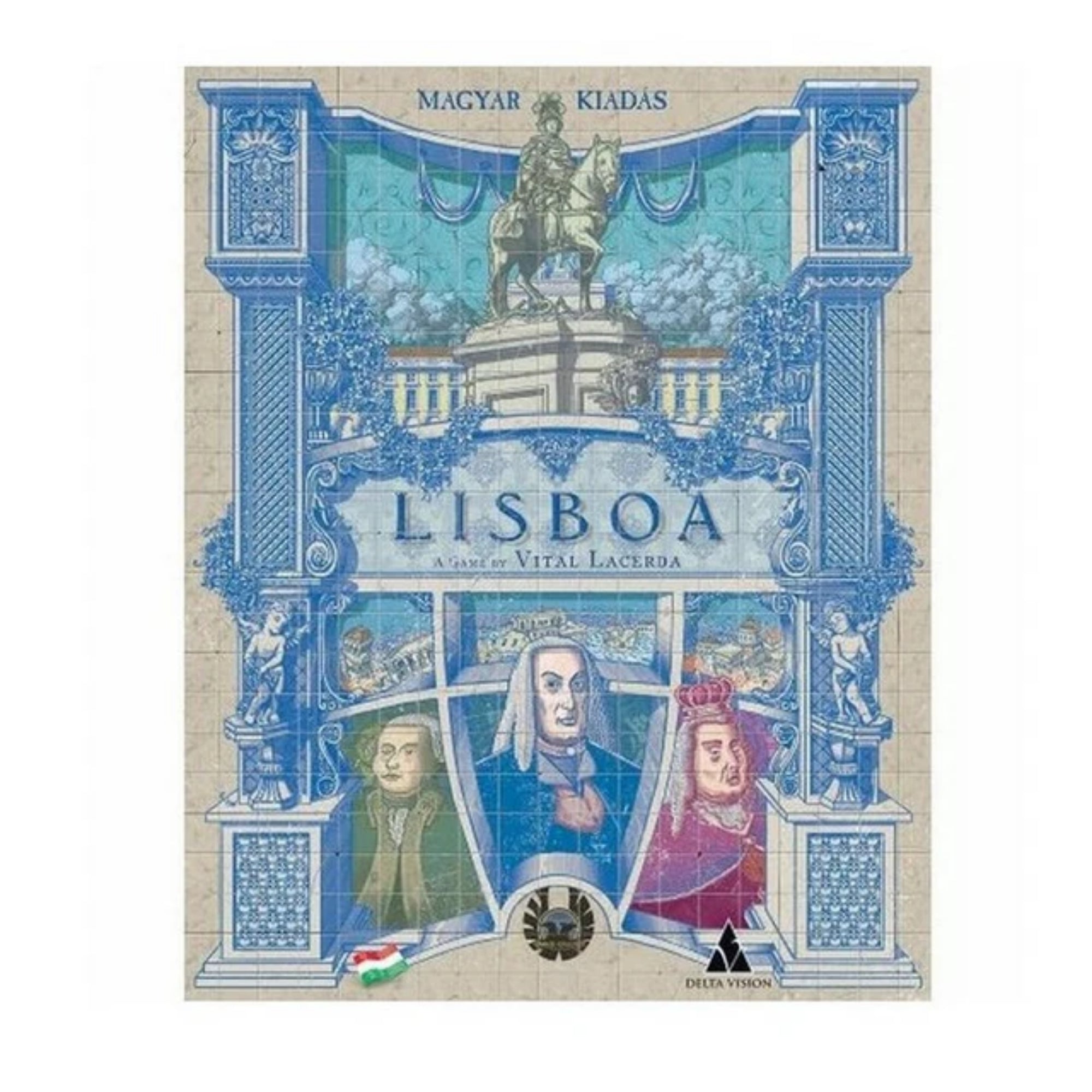 A Lisboa társasjáték magyar kiadásának díszes dobozborítója, melynek grafikája klasszikus portugál csempékre emlékeztet, domináns kék és világos színekkel. A középpontban történelmi alakok portréi és egy lovasszobor látható, körülöttük pedig finom részletességű építészeti motívumok helyezkednek el.
