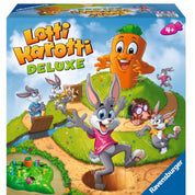 A Lotti Karotti Deluxe társasjáték színes, illusztrált doboza látható, amely a játékot reklámozza.