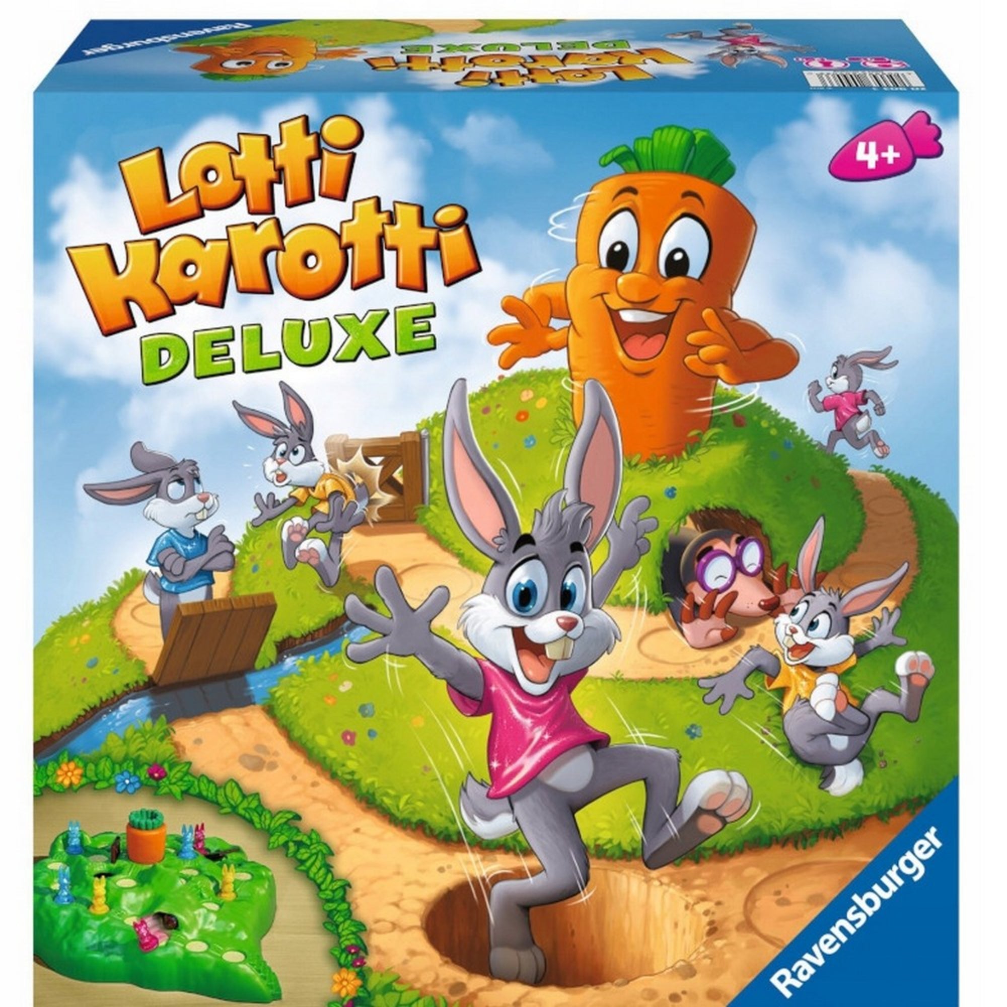 A Lotti Karotti Deluxe társasjáték színes, illusztrált doboza látható, amely a játékot reklámozza.