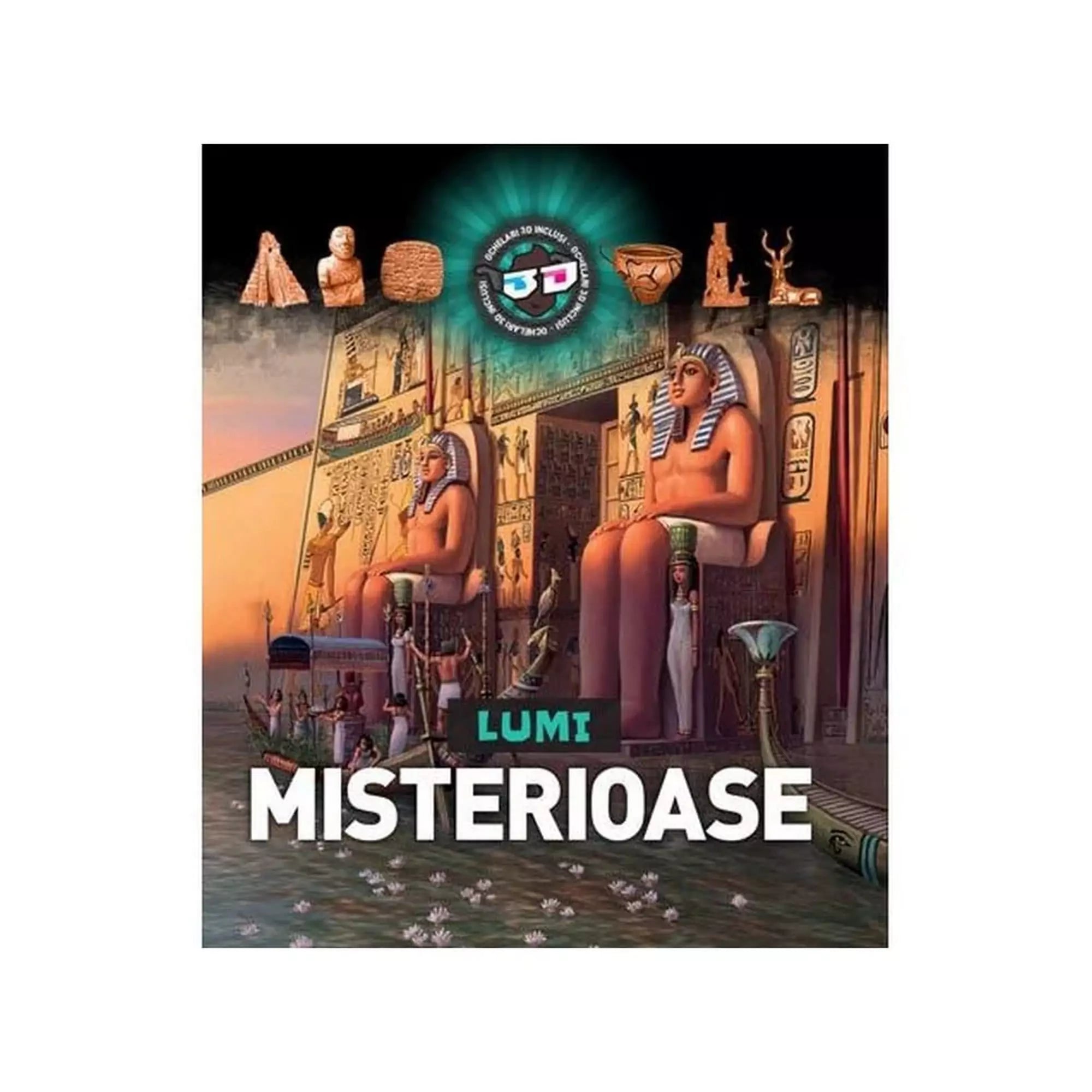 Lumi Misterioase könyv borítója, amely az ókori civilizációk rejtélyeit mutatja be, egyiptomi szobrokkal és díszítésekkel.