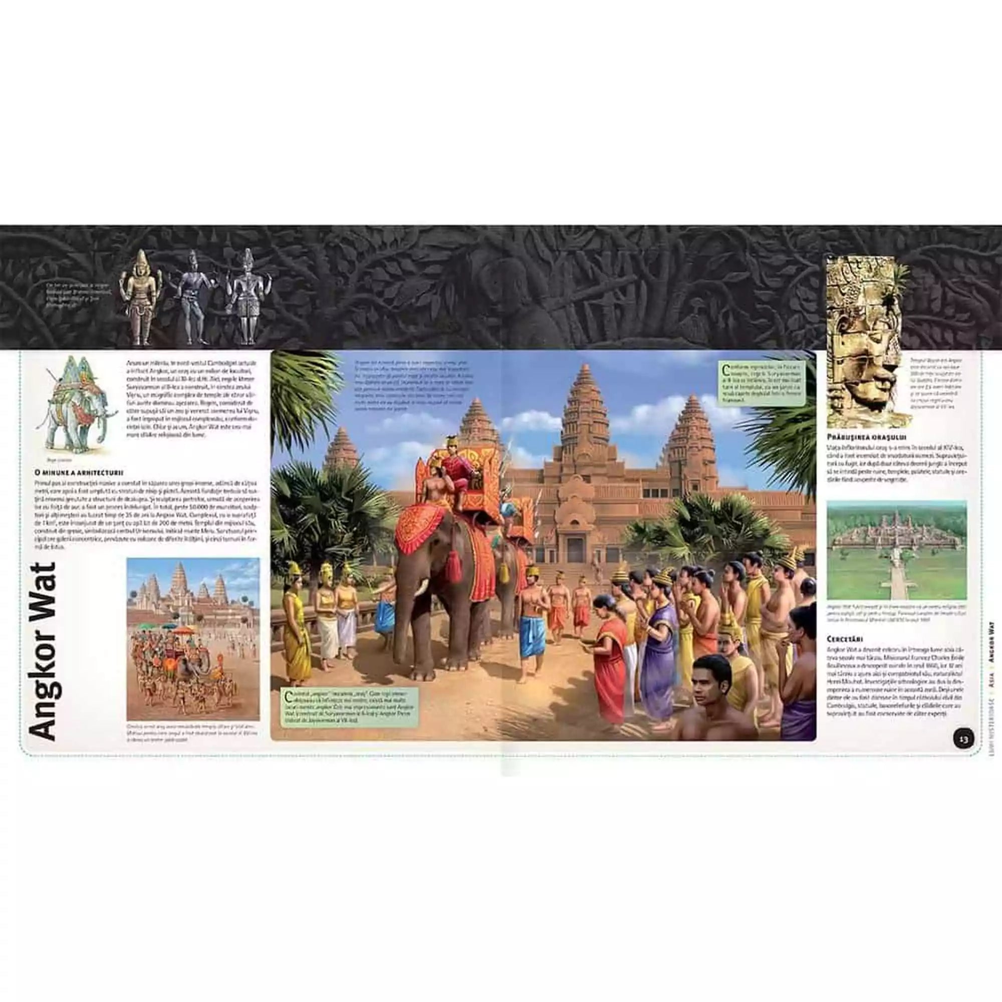  Lumi Misterioase könyv egyik oldalpárja Angkor Wat templomáról, történelmi illusztrációval és leírásokkal.