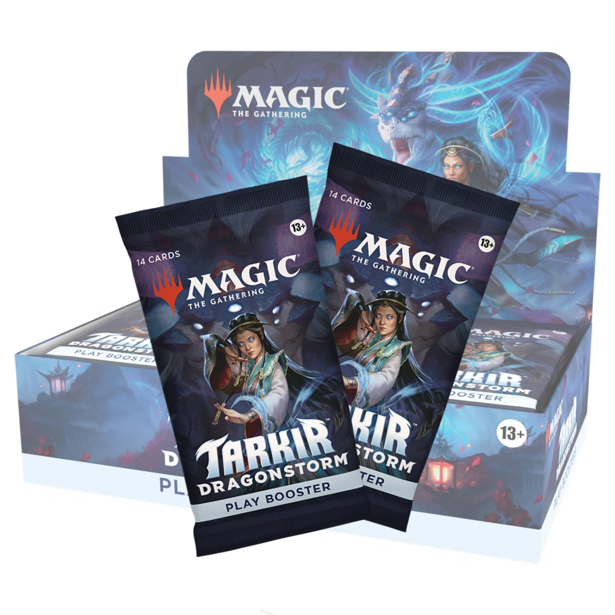 Magic: The Gathering Tarkir Dragonstorm játékkártya play booster csomagok és display doboz látványa kék-sárkányos háttérrel.
