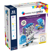 MAGNA-TILES Space 32 darabos mágneses építőjáték doboza, űrhajó és kapszula illusztrációjával, tárolható elemekkel és mozgatható alkatrészekkel.