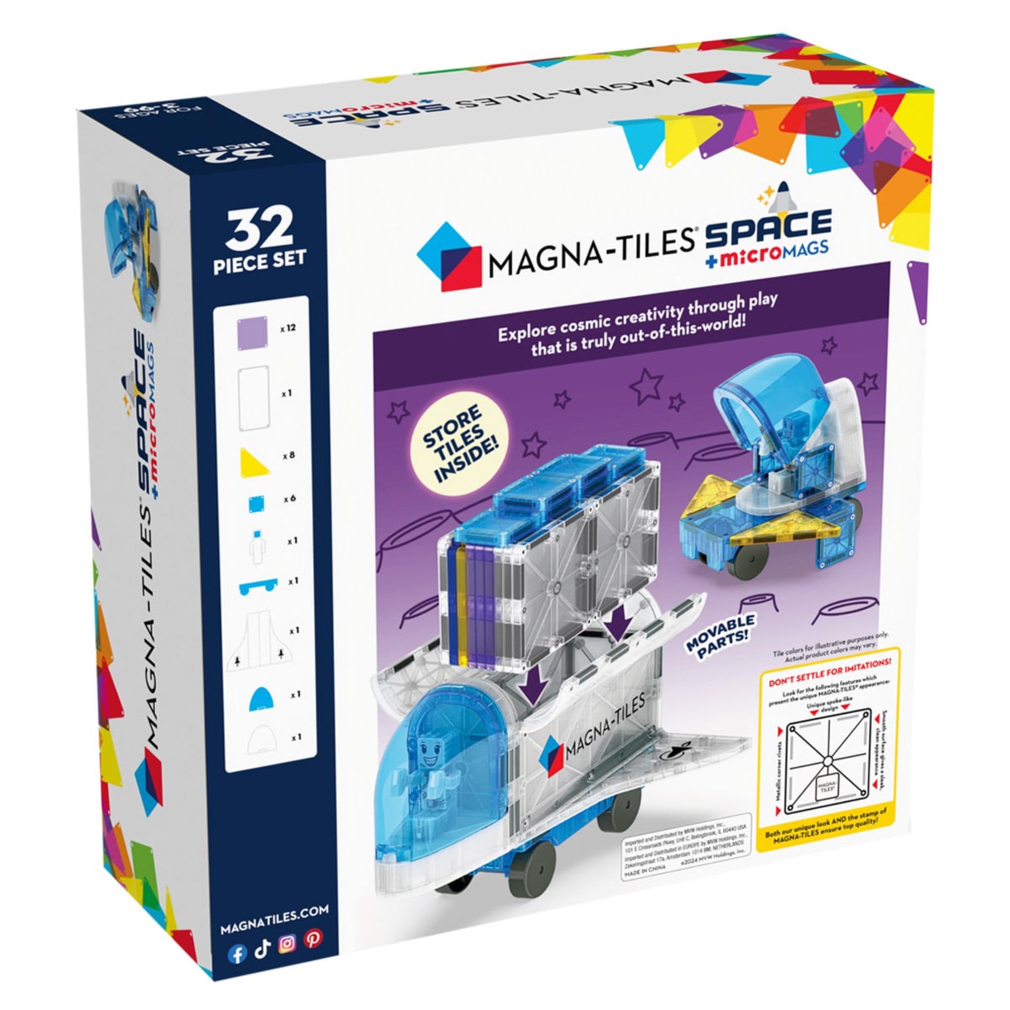 MAGNA-TILES Space 32 darabos mágneses építőjáték doboza, űrhajó és kapszula illusztrációjával, tárolható elemekkel és mozgatható alkatrészekkel.