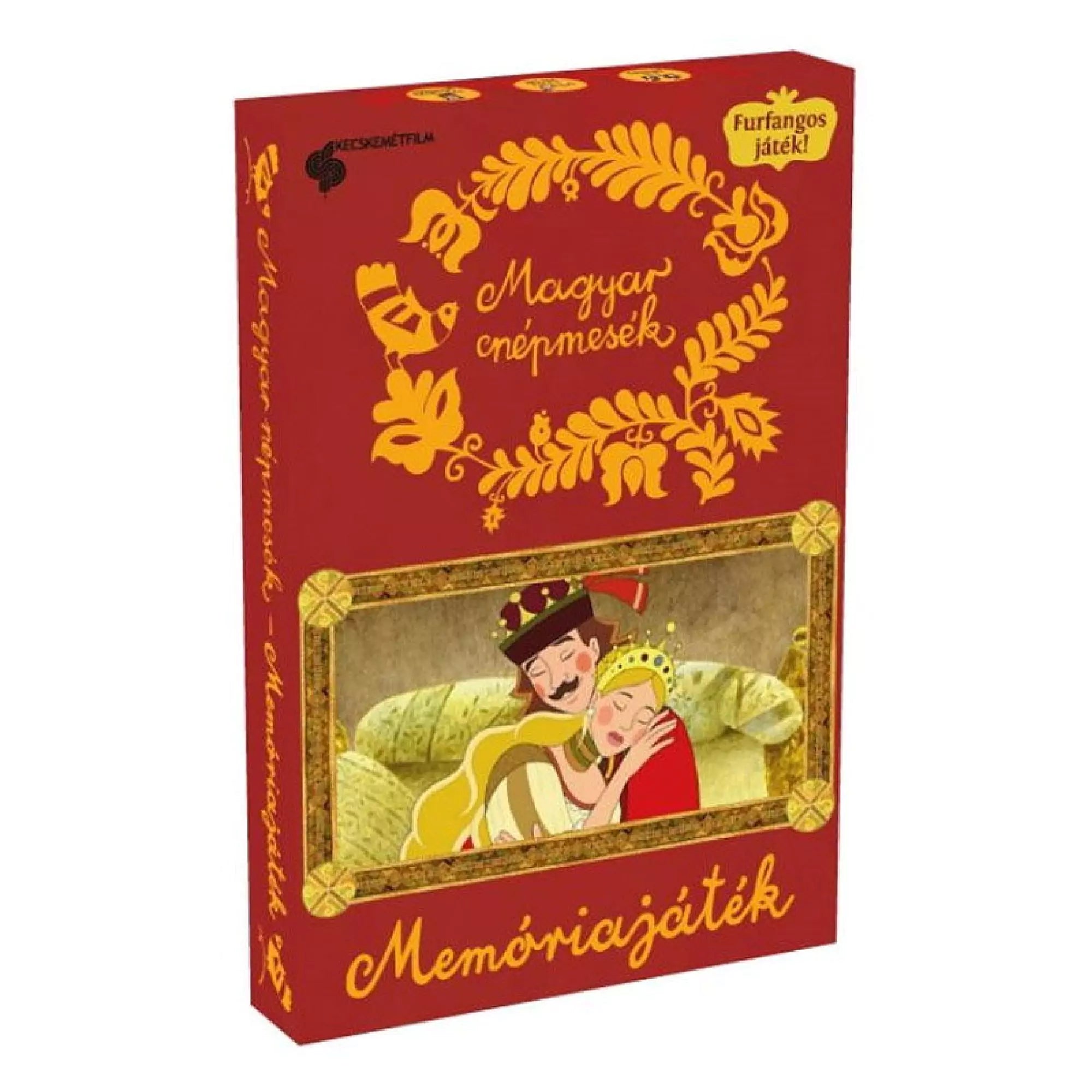 Magyar népmesék – Memóriajáték doboza, piros alapon arany díszítéssel és mesebeli királyi pár ábrázolásával.