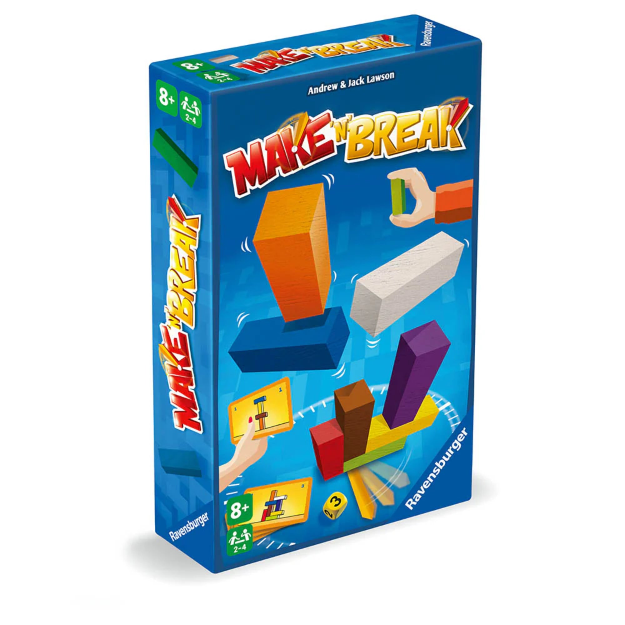 A képen a „Make 'n' Break” építőjáték doboza látható, amelyben színes, különböző méretű faelemekkel kell gyorsaságra és ügyességre építeni. A doboz dizájnja lendületes és játékos: különböző színű építőkockák lebegnek, egy kéz pedig éppen egy elemet helyez el. A sarokban látható, hogy a játék 8 éves kortól ajánlott, 2-4 játékos számára, és dobókocka is tartozik hozzá – ez garantálja a változatos kihívásokat.