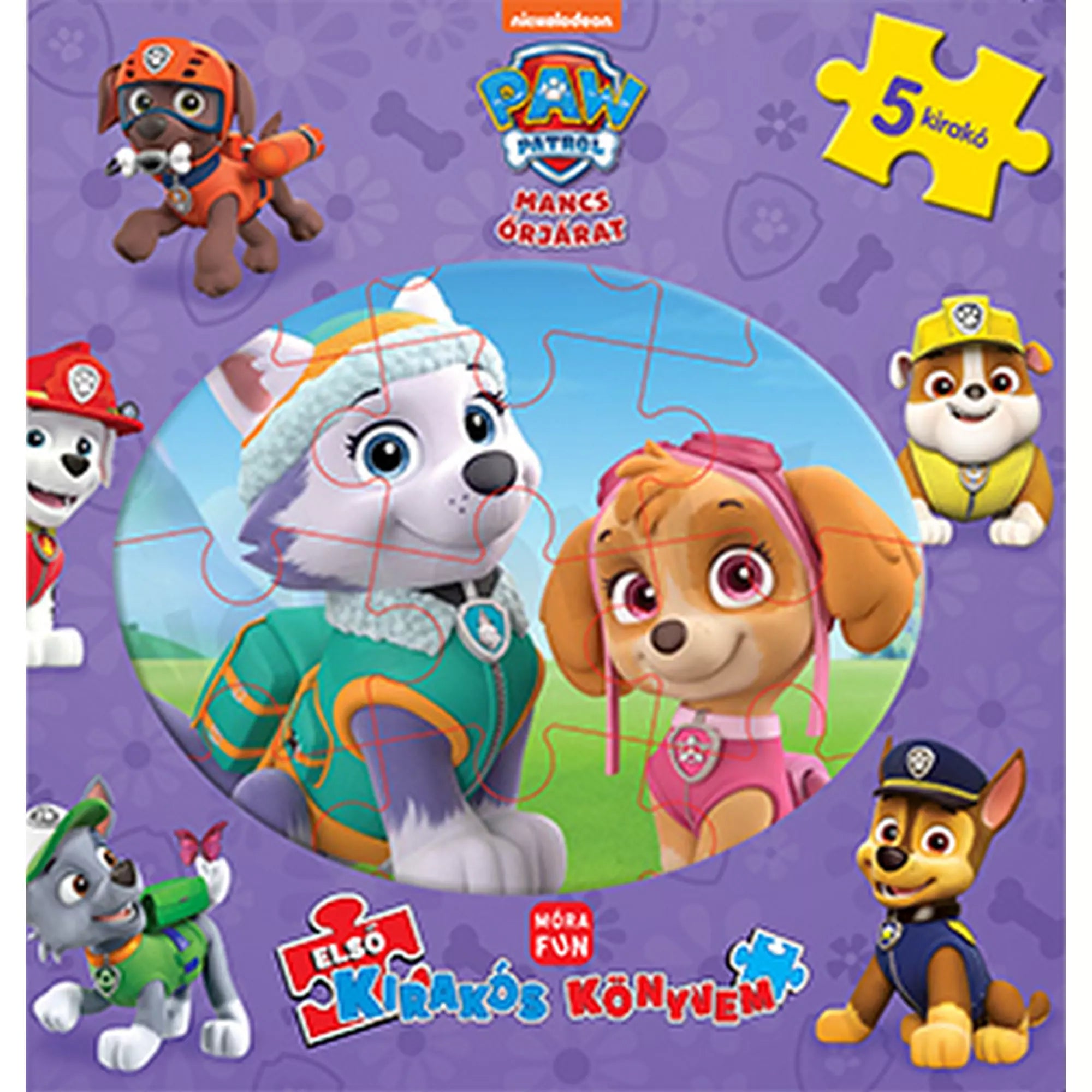 Paw Patrol – Mancs Őrjárat: Első kirakós könyvem borítója, lila háttéren a kutyusokkal és középen egy összeilleszthető puzzle képpel.
