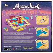 Marrakech társasjáték hátoldali dobozképe játékmenet bemutatóval, játéktáblával, szőnyeglapkákkal és lépésmagyarázó illusztrációkkal.