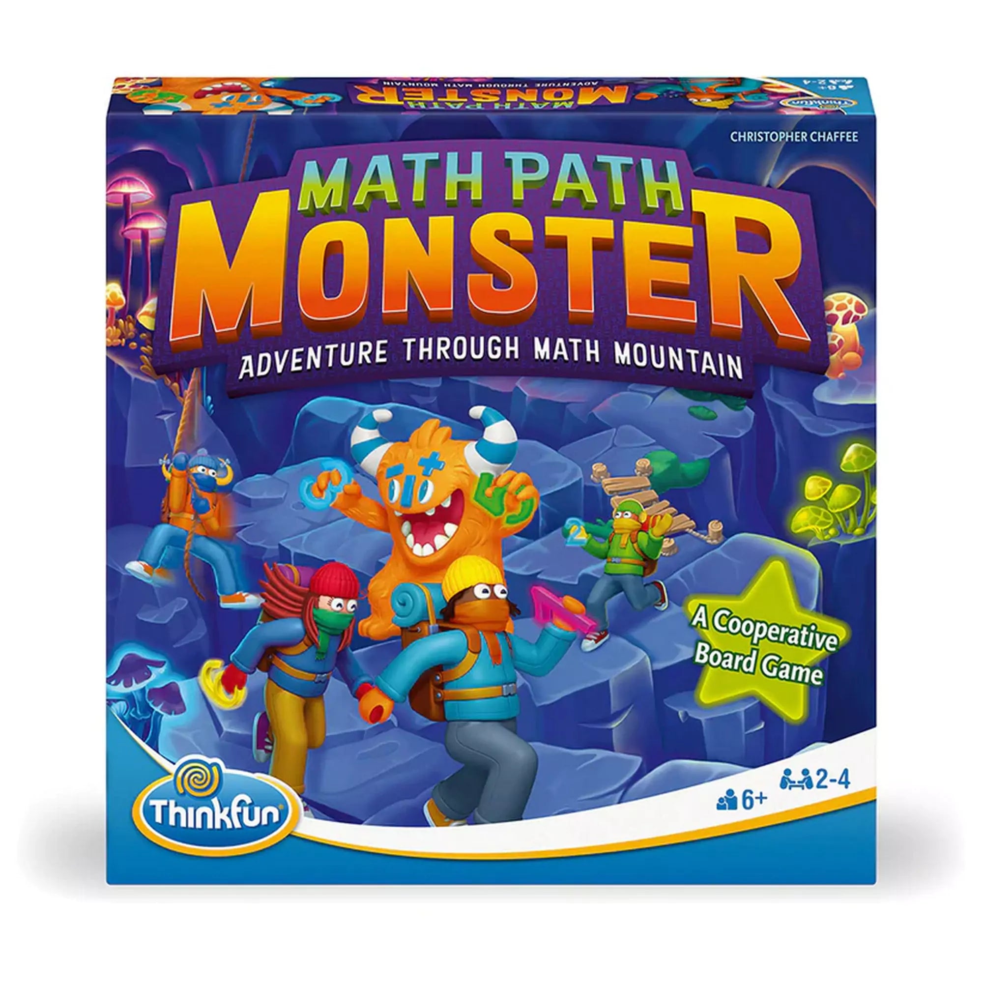  A Math Path Monster társasjáték dobozának előlapja, amely egy izgalmas matematikai kalandot ábrázol. A borítón felfedezők menekülnek egy barlangszerű környezetben a vidám, de fenyegető Math Monster elől. A játék neve nagy, színes betűkkel látható, valamint a korosztályi ajánlás (6+) és a játékosok száma (2-4).
