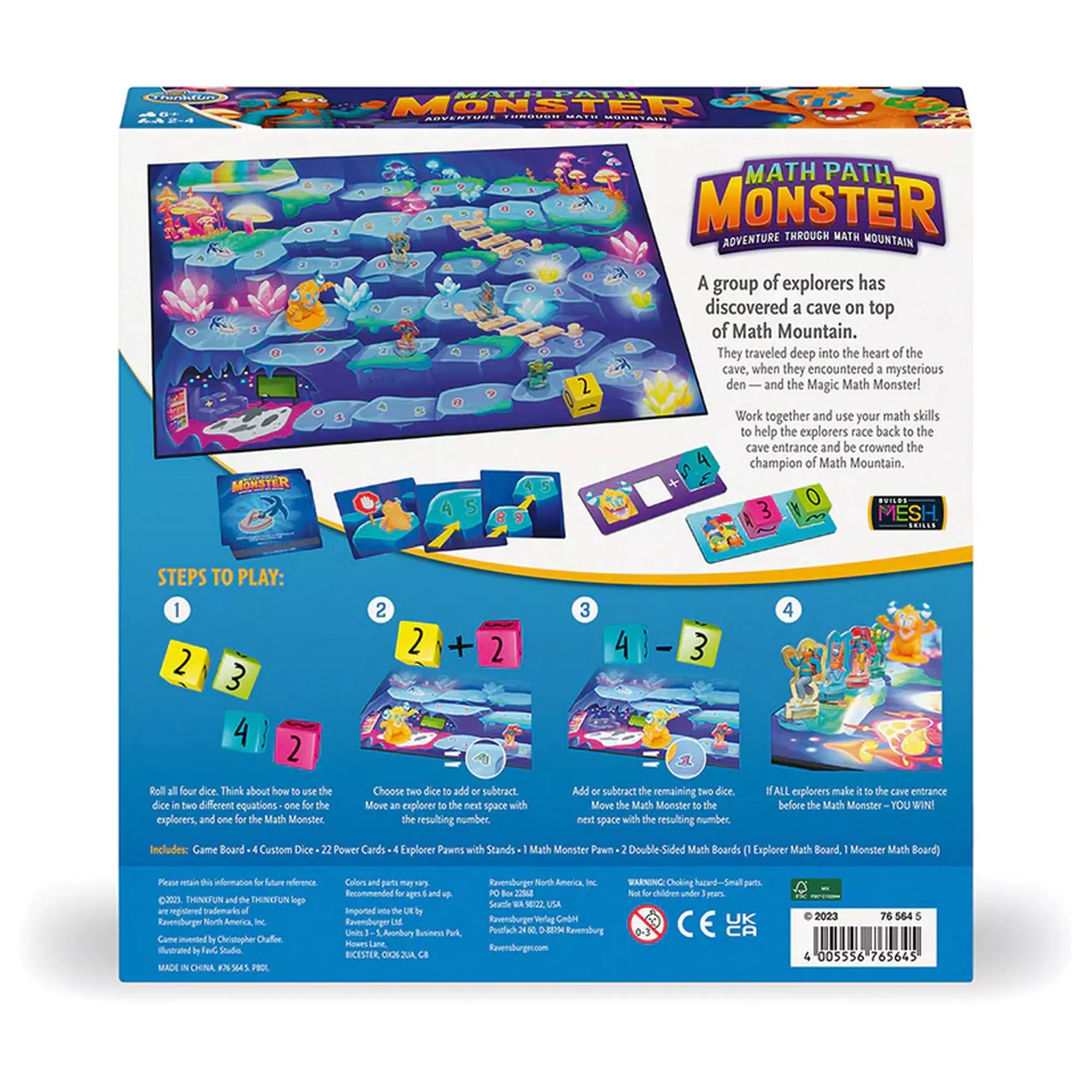 A Math Path Monster társasjáték dobozának hátoldala, amely a játéktábla, kártyák és játékszabályok bemutatását tartalmazza. A szöveg leírja a játékmenetet, amelyben a játékosok matematikai műveletek segítségével mozgatják bábukat a barlang bejárata felé, miközben a Math Monster is halad előre