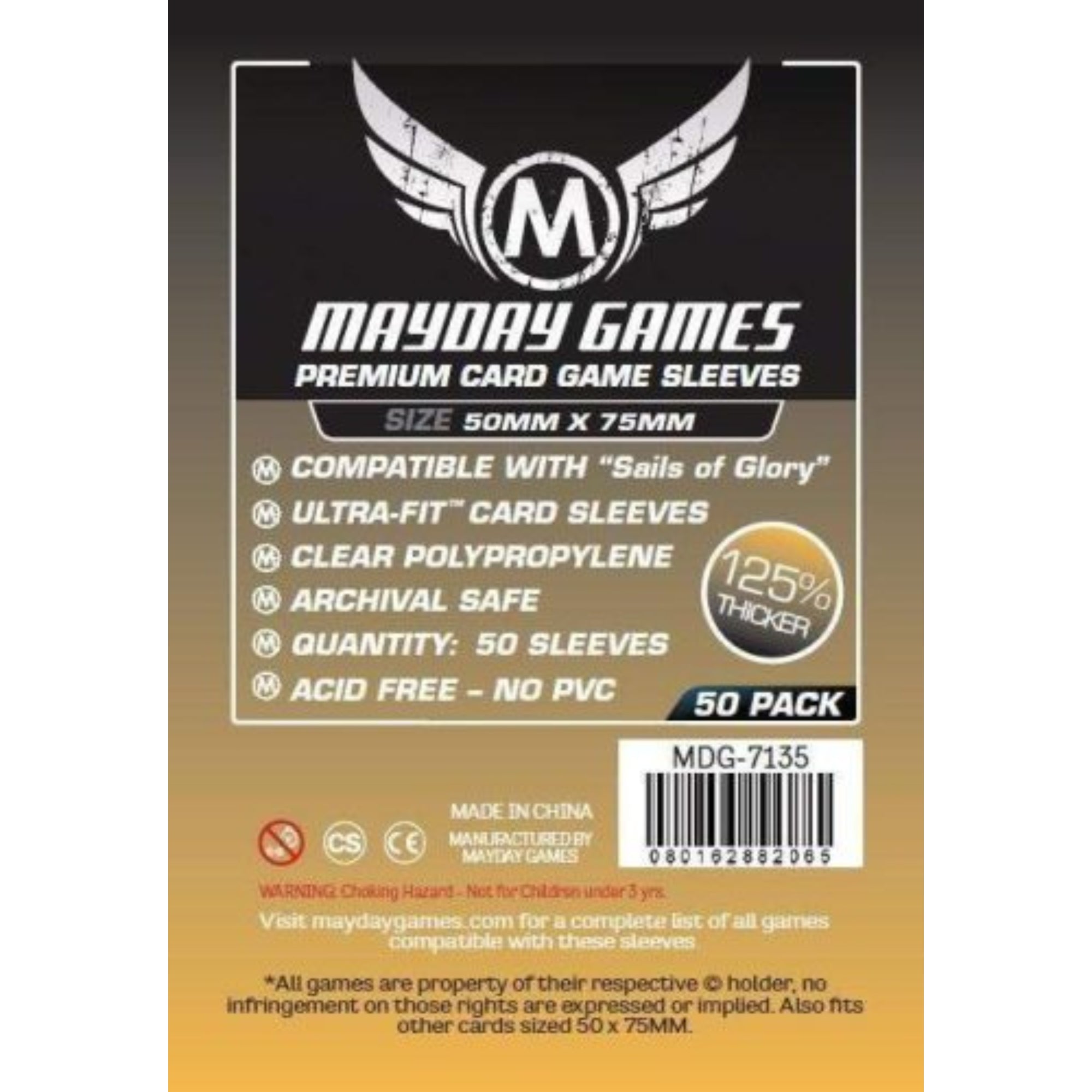 Mayday Games Premium Card Game Sleeves – Sails of Glory (50x75 mm) – 50 db 125%-kal vastagabb Ultra-Fit prémium kártyavédő csomagolás, átlátszó polipropilén, savmentes és PVC-mentes kivitelben.