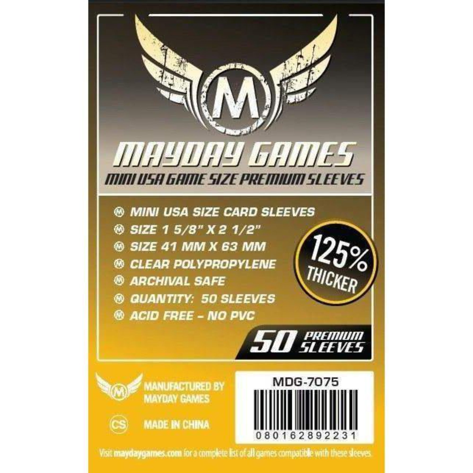 Mayday Games Mini USA Game Size Premium Sleeves (41x63 mm) – 50 db prémium minőségű kártyavédő csomagolás, 125%-kal vastagabb, átlátszó polipropilén, savmentes és PVC-mentes kivitelben, mini USA méretű lapokhoz.