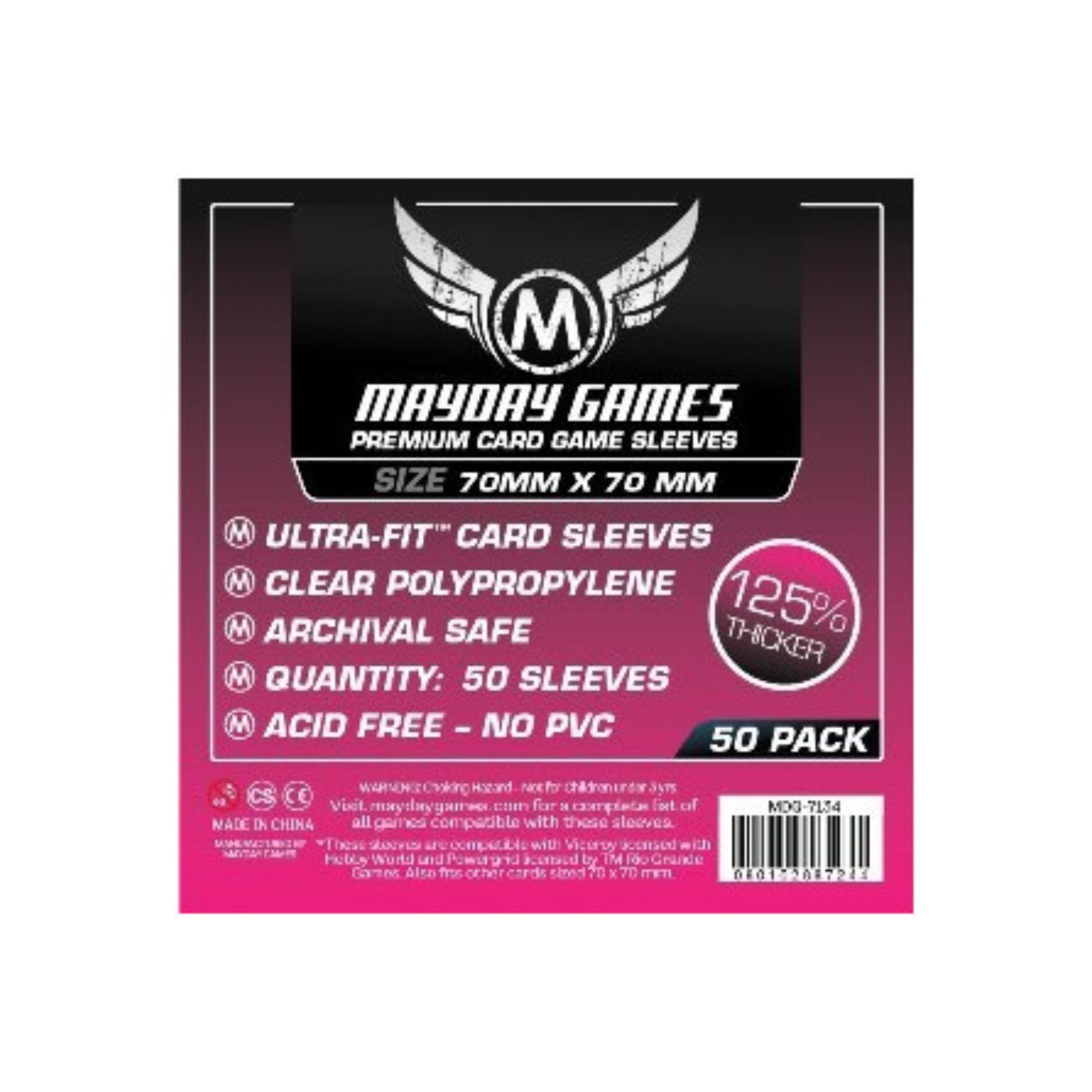 Mayday Games Premium Card Game Sleeves 70x70 mm 50 db kártyavédő csomagolás hátoldala, rózsaszín-fekete dizájnnal és termékinformációkkal.