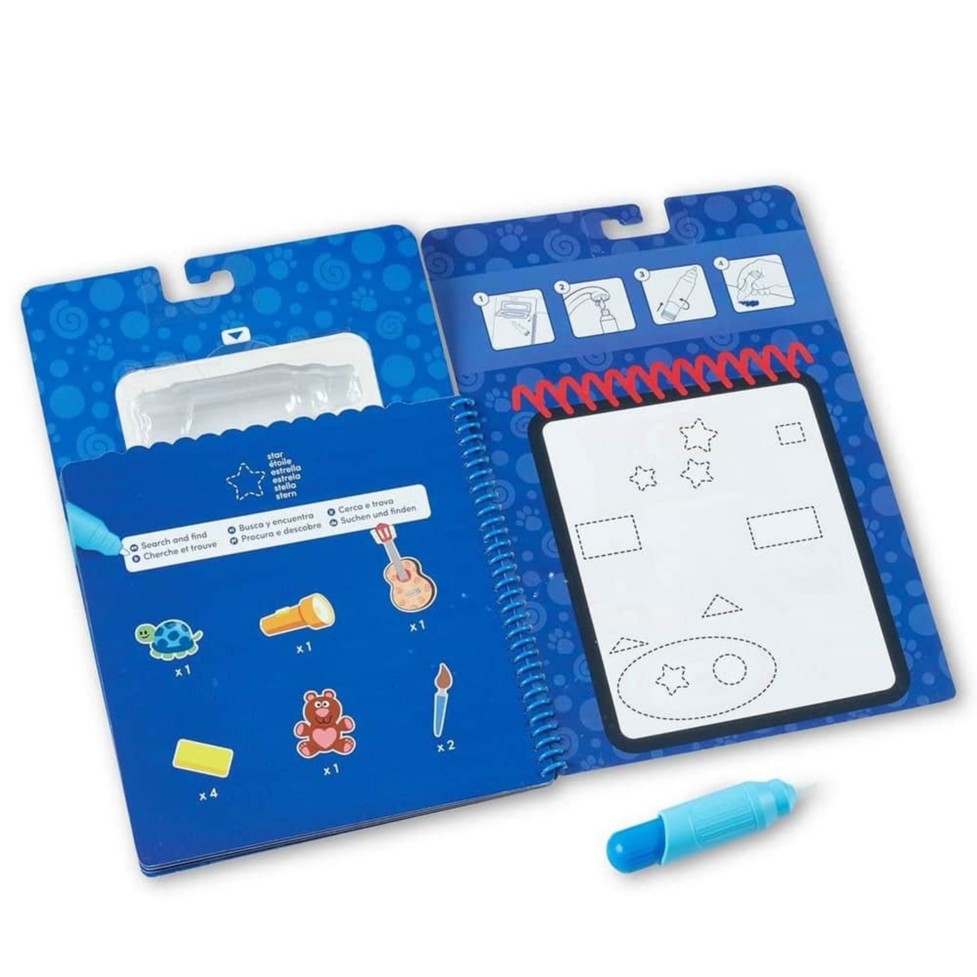 A Melissa & Doug Water WOW! – Azúrkék nyomok és te: Formák füzet belső oldala, alakzatokkal és keresős feladatokkal, valamint a mellékelt víztollal.