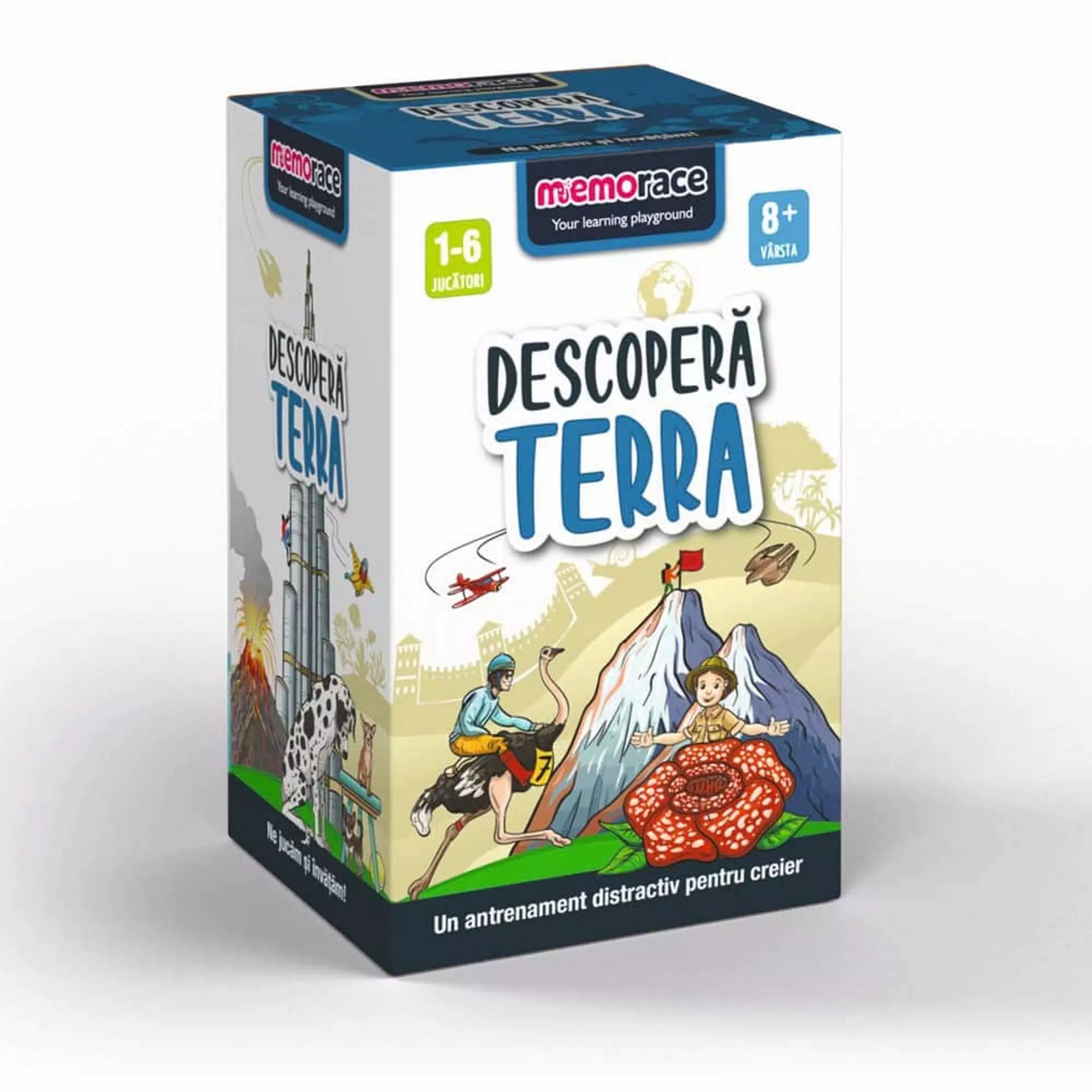 Memorace - Descoperă Terra: A doboz frontja, a "Descoperă Terra" című ismeretterjesztő kártyajáték csomagolásán.
