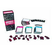 A Mennyi az annyi? társasjáték teljes tartalma: doboz, kérdéskártyák, letörölhető táblák filcekkel és fekete rózsaszín ikon jelölők.