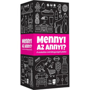 A Mennyi az annyi? társasjáték fekete-rózsaszín doboza ikonokkal és a felirattal: A szokatlan mértékegységek játéka.