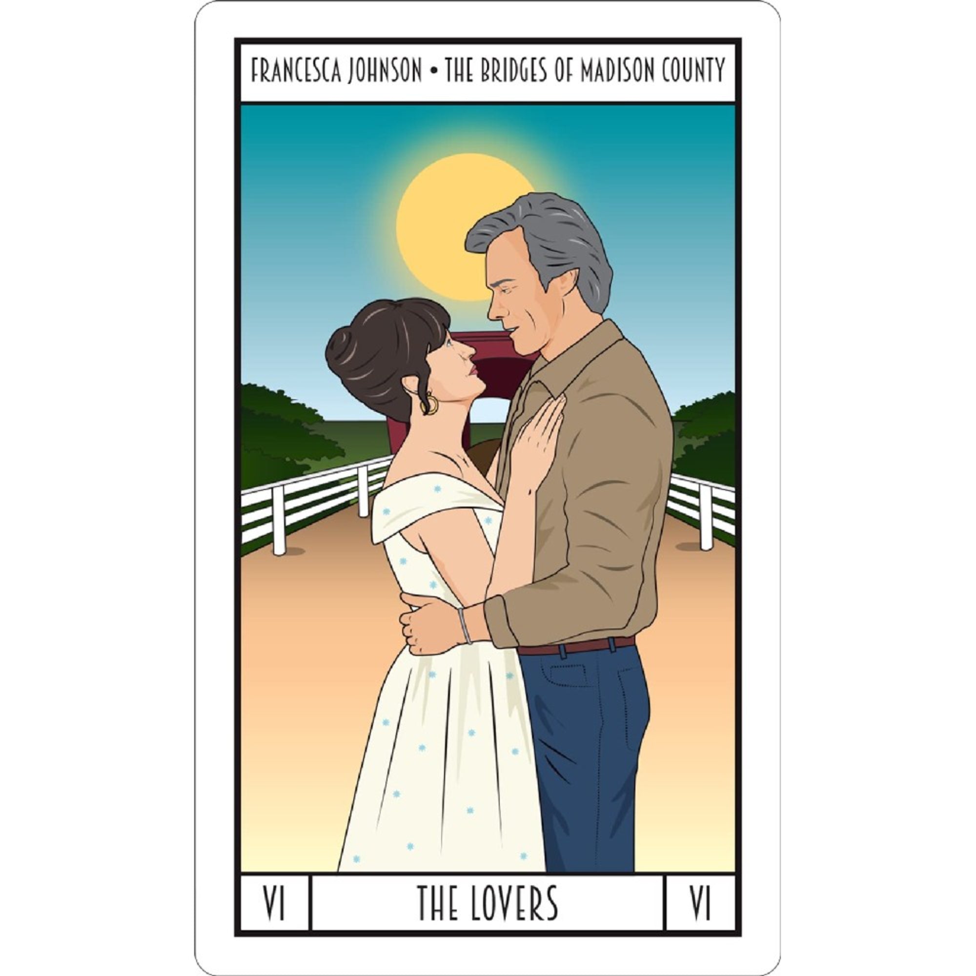 A képen a Meryl Tarot egyik lapja, „The Lovers” (A szerelmesek) látható, amelyen Francesca Johnson és Robert Kincaid karakterei szerepelnek a „Madison megye hídjai” című filmből. A jelenet egy romantikus pillanatot örökít meg: a két főszereplő gyengéden átöleli egymást naplementében, a háttérben a híres fedett híd és egy festői táj látható. 
