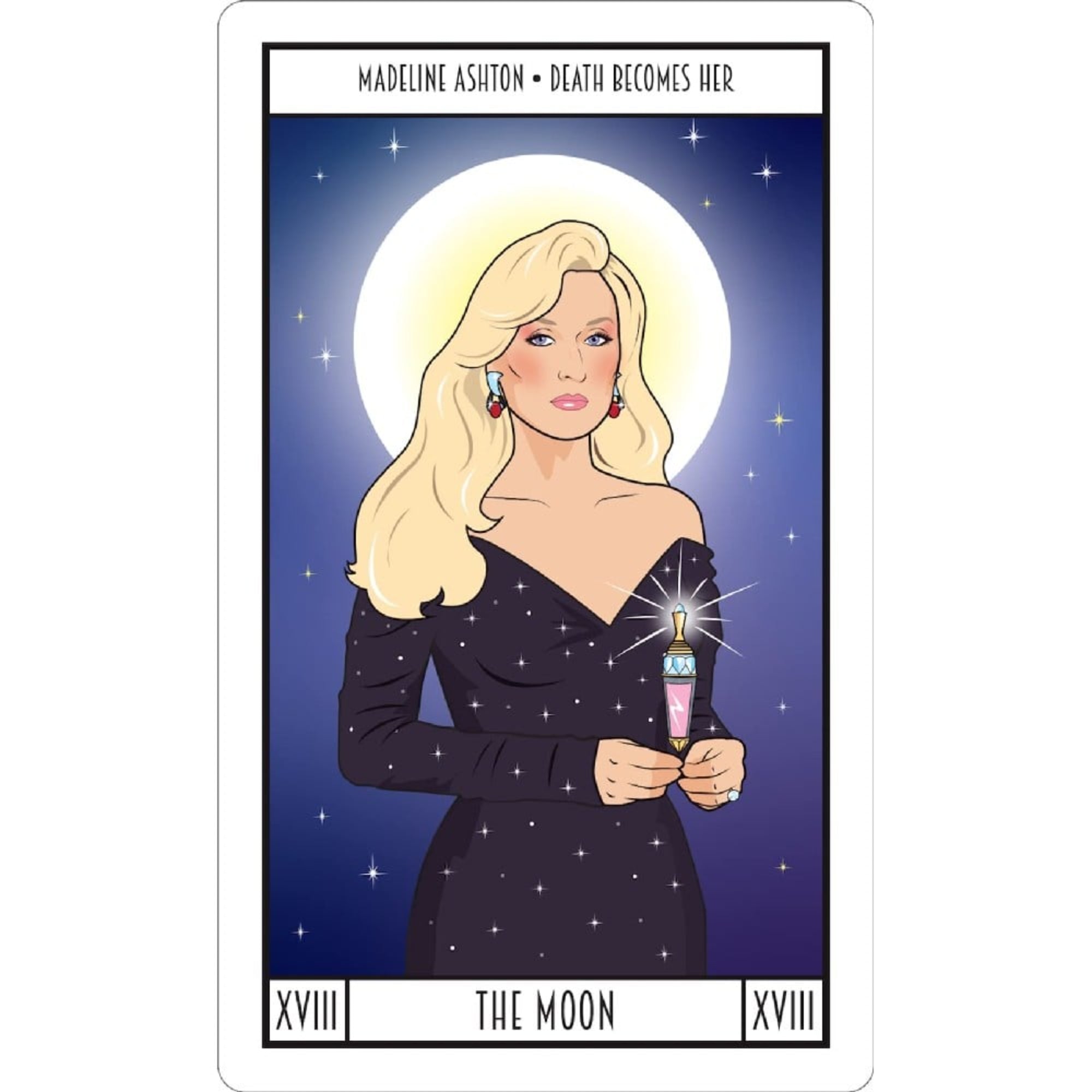 A képen a Meryl Tarot „The Moon” (A Hold) nevű lapja látható, amelyen Madeline Ashton karaktere szerepel a Death Becomes Her (Halálos vonzerő) című filmből. A kártyalap központi alakja egy elegáns, csillagmintás fekete ruhába öltözött nő, kezében egy titokzatos, fénylő üvegcsével – az örök élet elixírjével. A háttérben ragyogó telihold világítja be az éjszakai égboltot, misztikus, varázslatos hangulatot kölcsönözve az egész jelenetnek. 