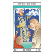A képen a Meryl Tarot „The Tower” (A Torony) lapja látható, Joanna Kramer karakterével a Kramer kontra Kramer című filmből. A kártya illusztrációja egy megrázó, érzelmes jelenetet ábrázol: egy kisfiú egy égő, villám sújtotta torony rajzát mutatja, miközben édesanyja fájdalmasan lehajtja a fejét. A rajz szimbolikusan jeleníti meg a család széthullását, a válságot és a hirtelen változásokat. 