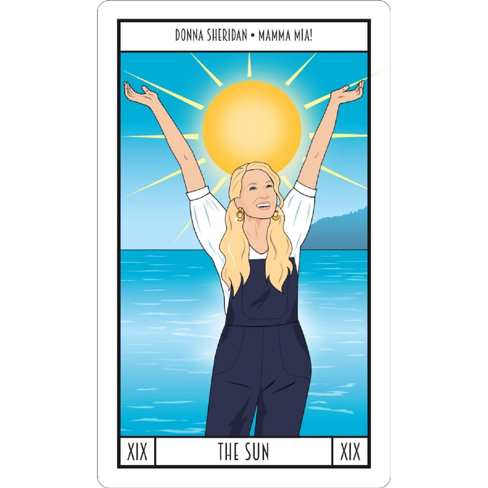 A képen a Meryl Tarot egyik legvidámabb lapja, „The Sun” (A Nap) látható, Donna Sheridan karakterével a Mamma Mia! című filmből. A kártyán Donna tárt karokkal, boldogan áll a tengerparton, mögötte ragyogó napsütéssel – a háttér tele van energiával és élettel. Ez a lap az öröm, a siker, a pozitív energiák és a beteljesülés szimbóluma. A jelenet tökéletesen visszaadja Donna életszeretetét és azt az optimizmust, amit a filmben is képvisel. 