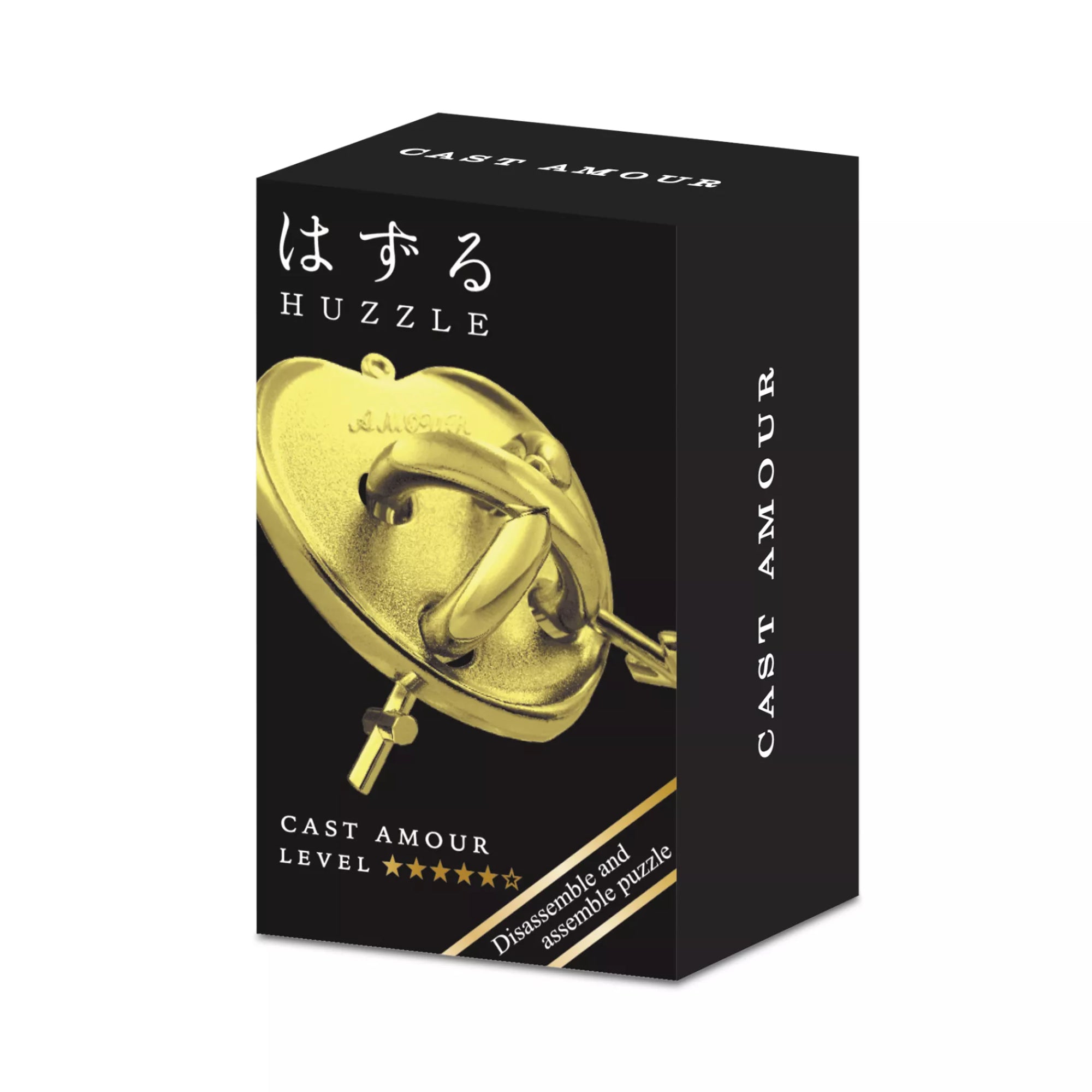 Mini Huzzle Amour Gold – a logikai kirakó elegáns fekete-arany csomagolása, rajta a termék nevével és nehézségi szintjével.