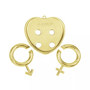Mini Huzzle Amour Gold – a kirakó darabjaira szedve, a szív alaplap és a női-férfi szimbólum formájú fémgyűrűk külön láthatók.